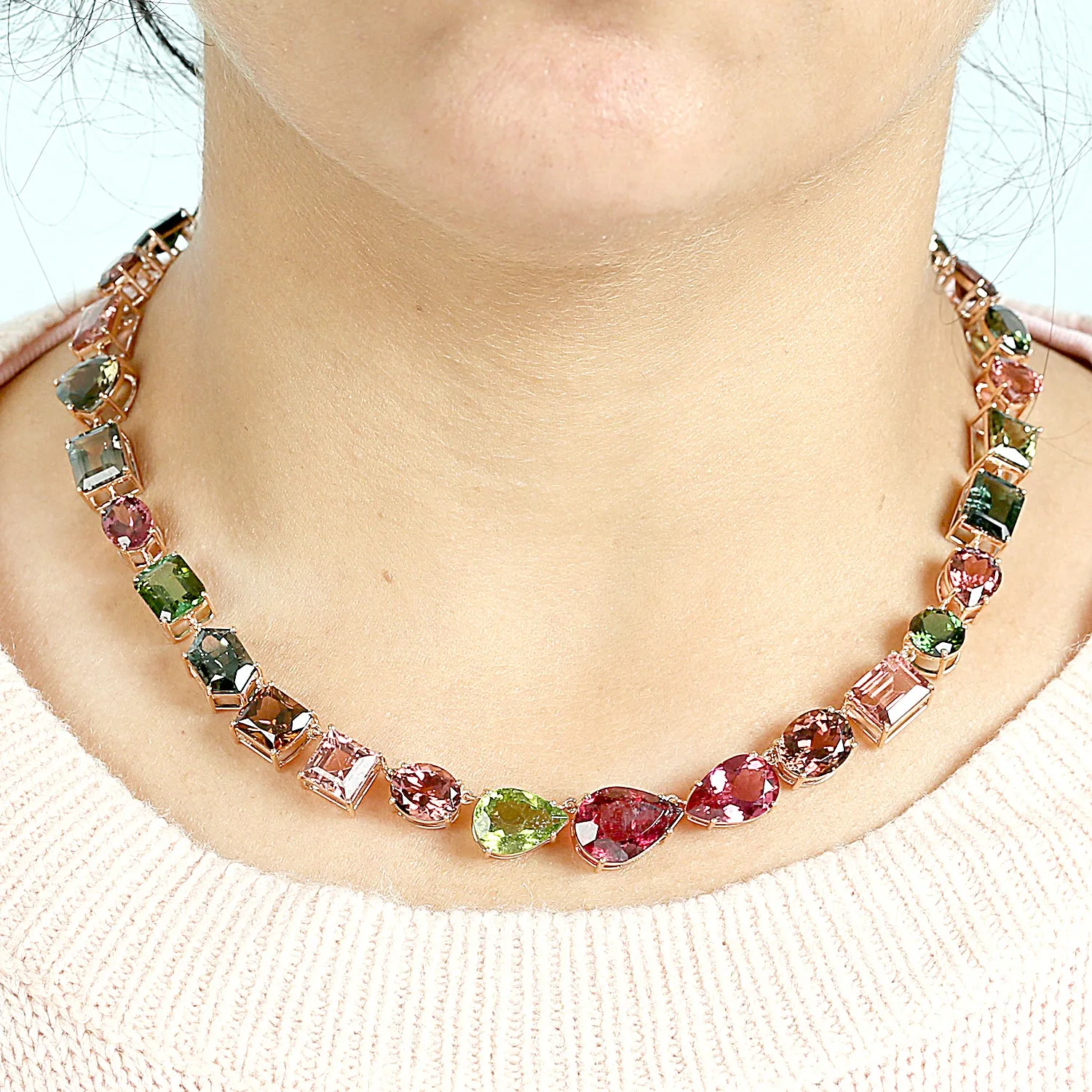 Prong Set Multicolor Tourmaline 18k Rose Gold Beautiful Necklace For Her