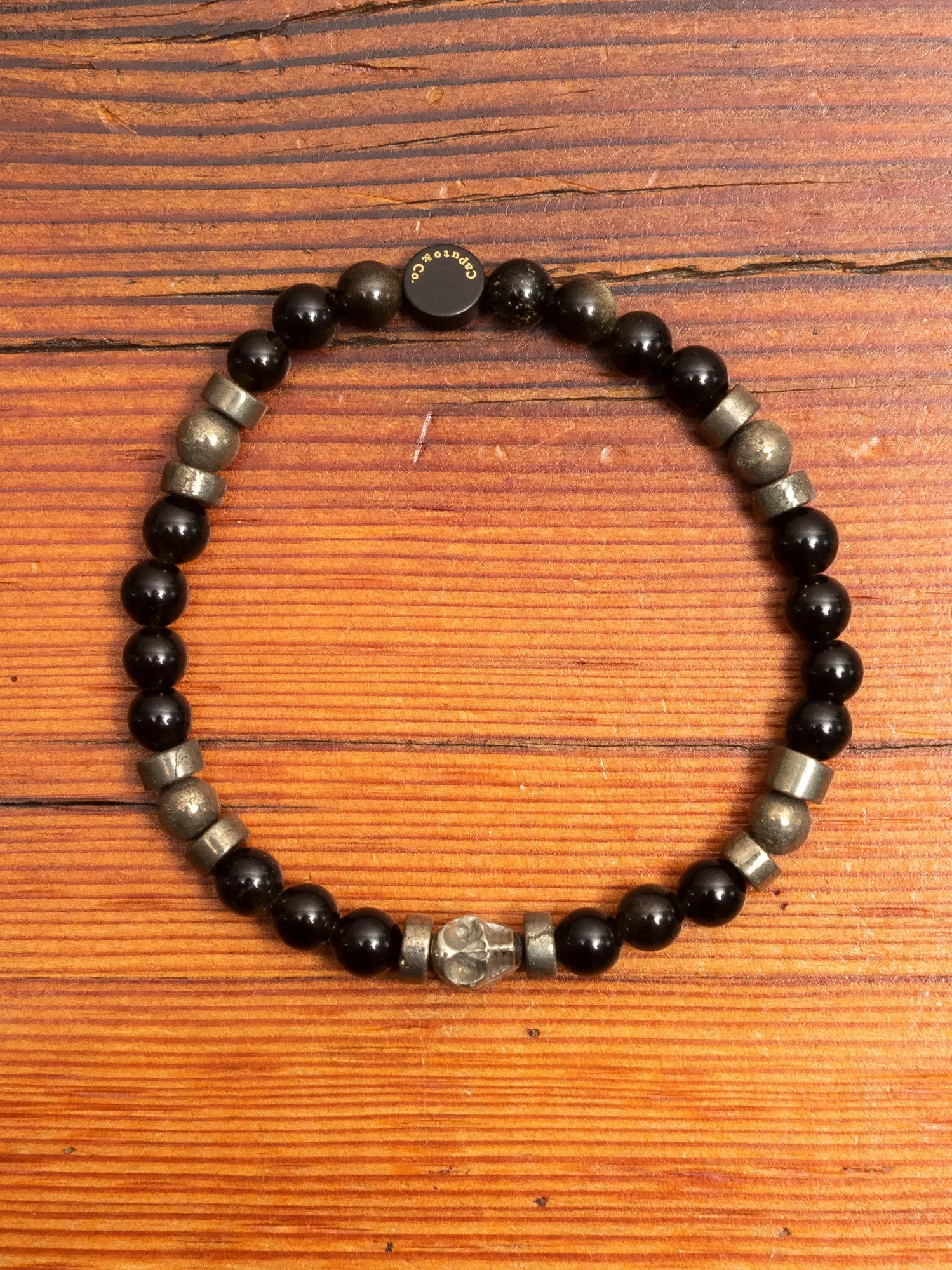 Pyrite Skull Gemstone Stretch Bracelet in Obsidian