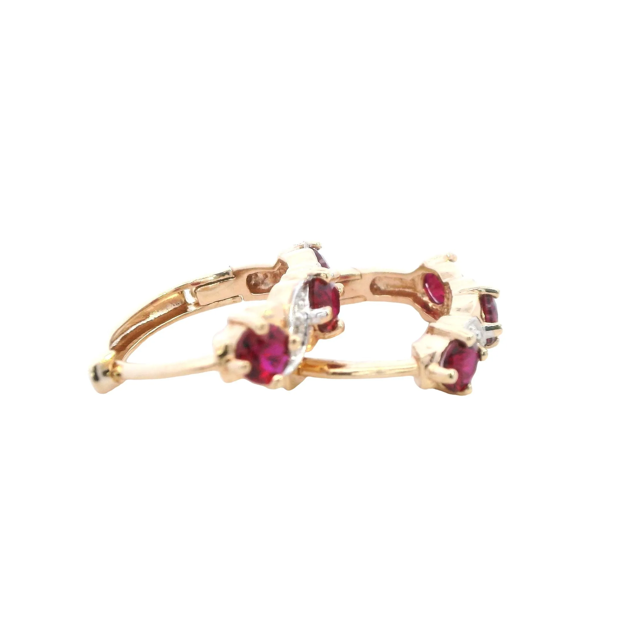 Radiant 9ct Yellow Gold Synthetic Ruby & Diamond Hoop Earrings