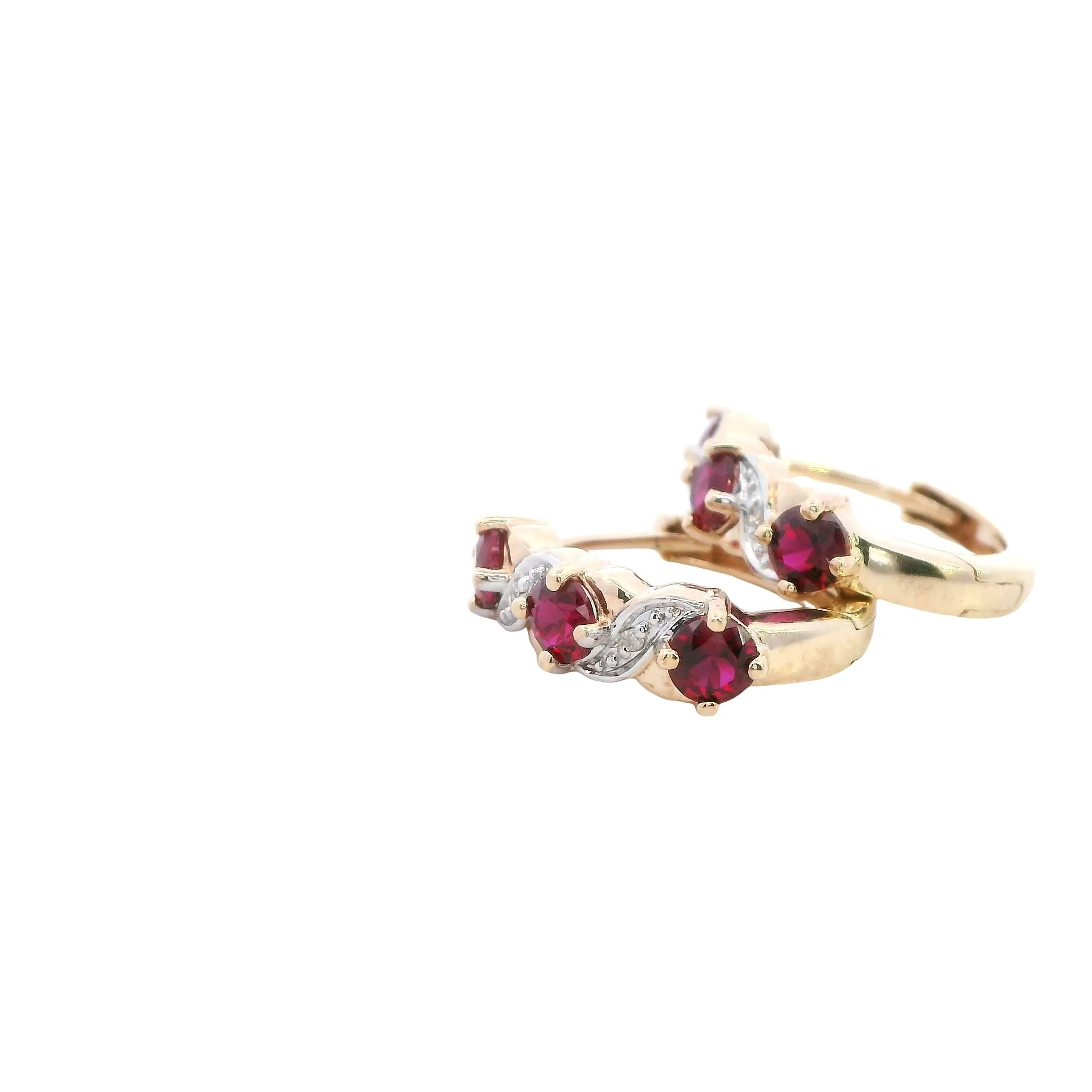 Radiant 9ct Yellow Gold Synthetic Ruby & Diamond Hoop Earrings