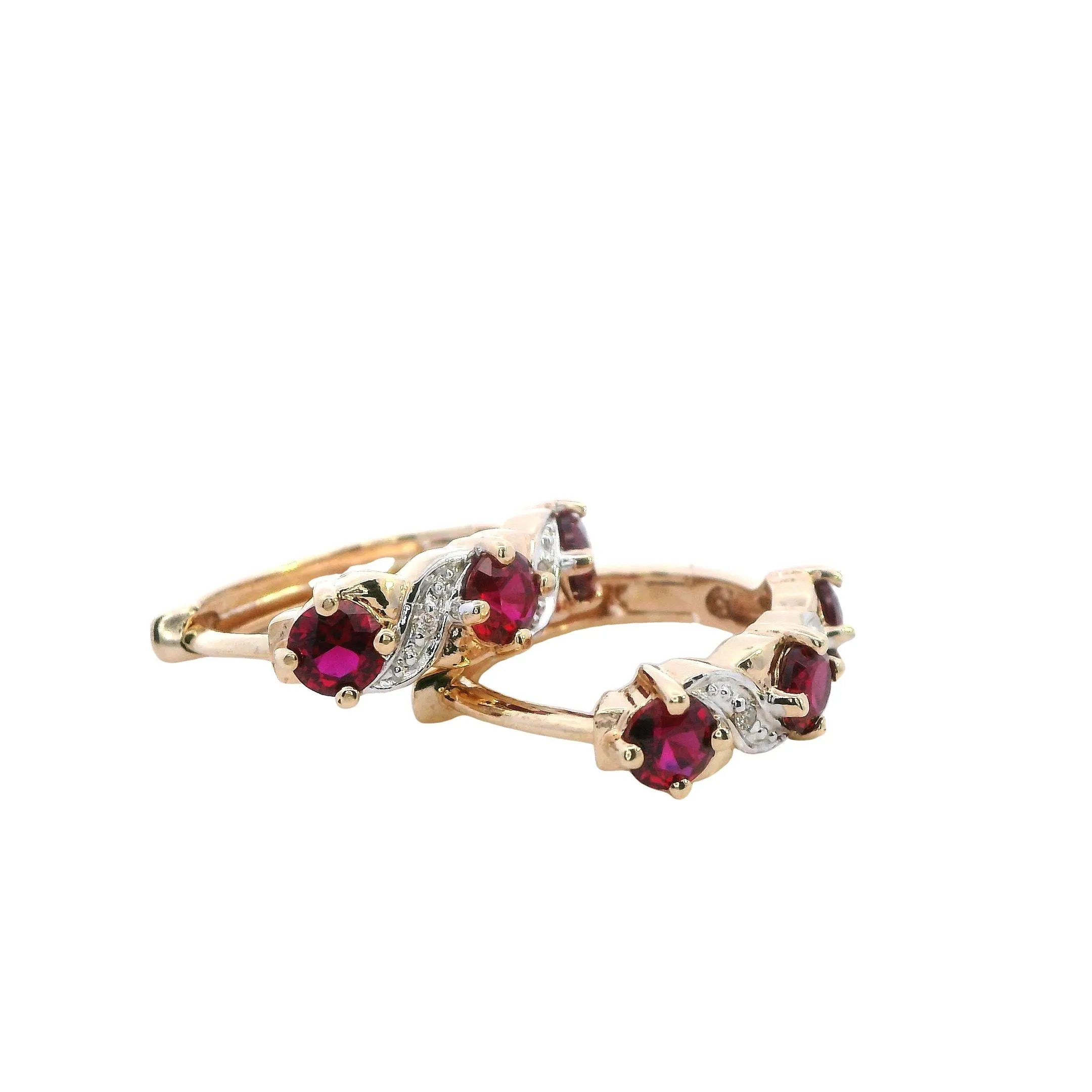 Radiant 9ct Yellow Gold Synthetic Ruby & Diamond Hoop Earrings