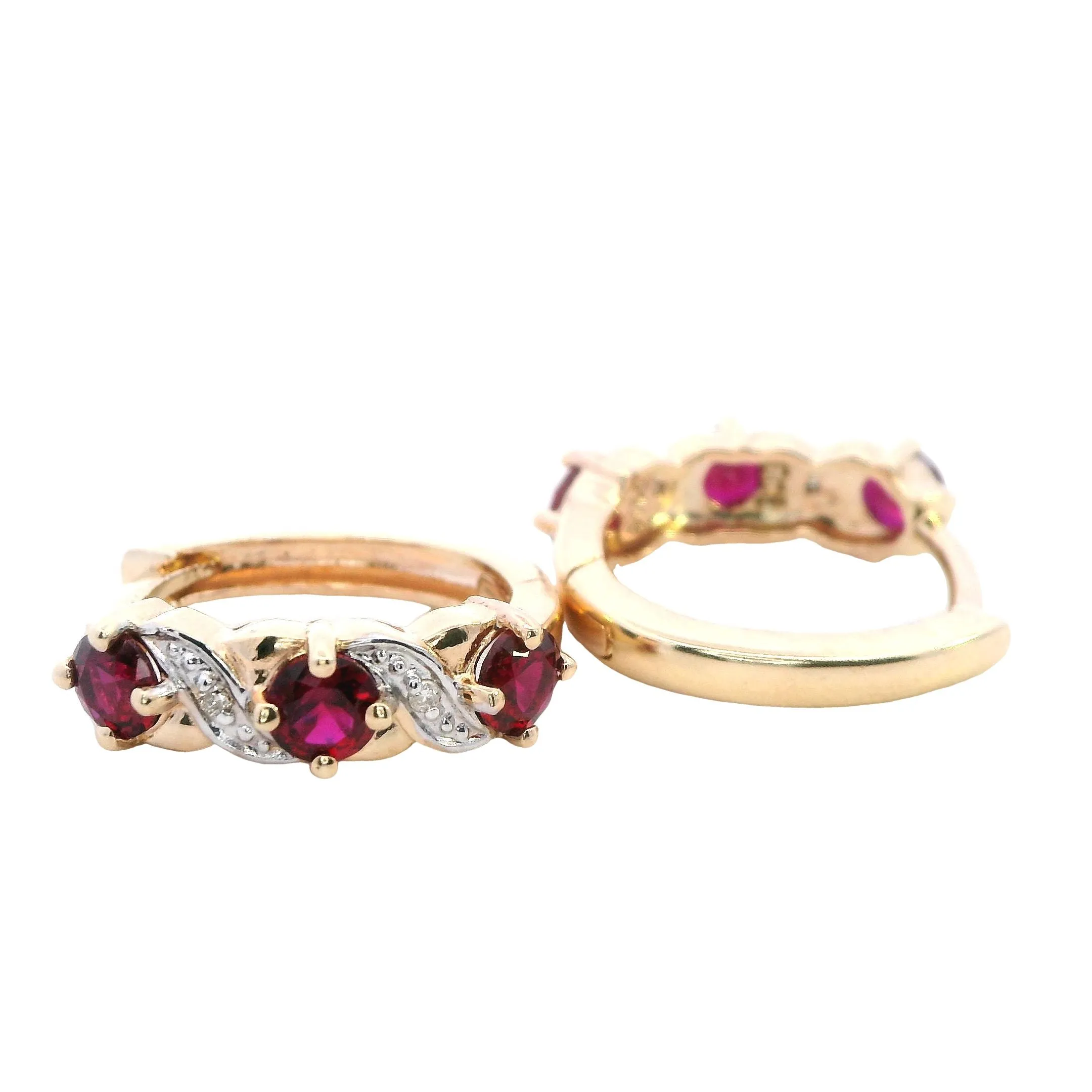 Radiant 9ct Yellow Gold Synthetic Ruby & Diamond Hoop Earrings