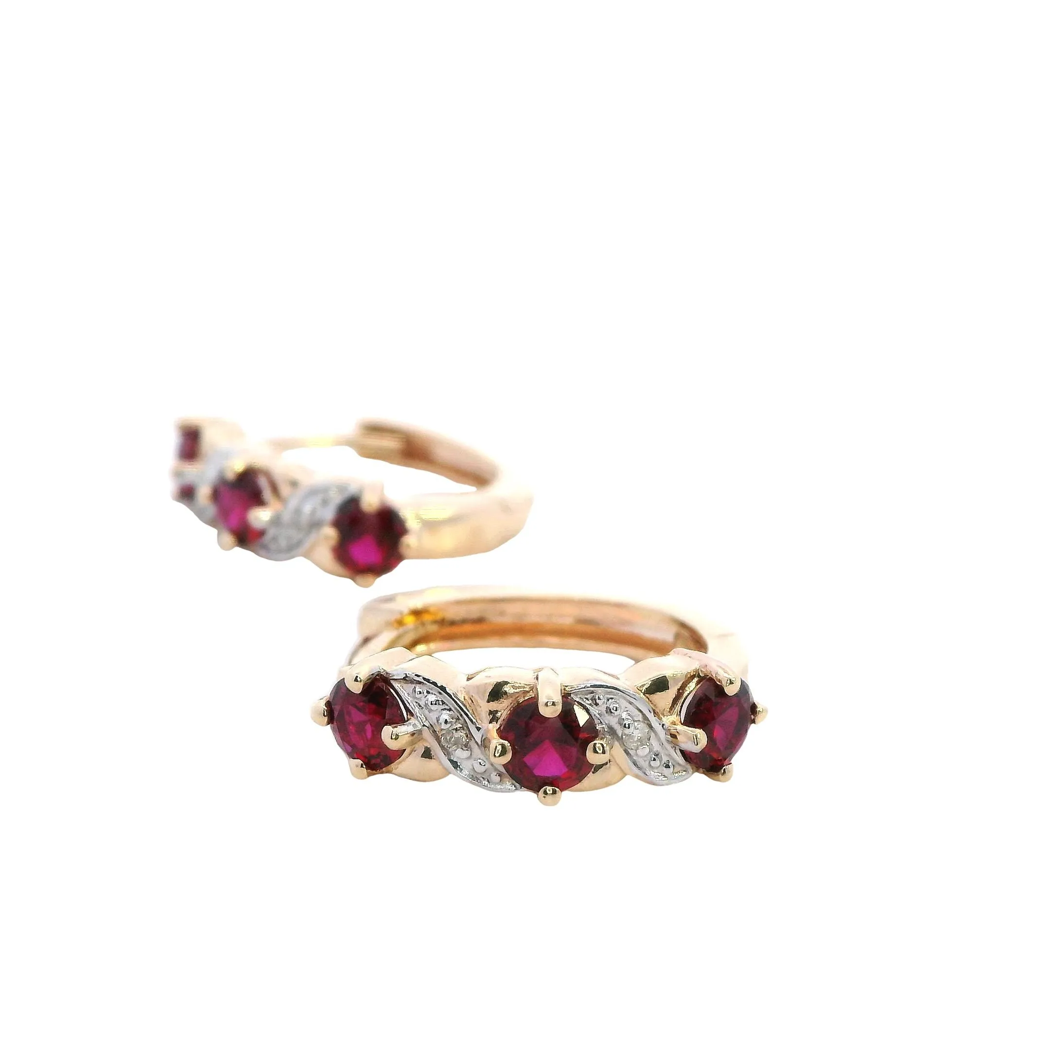 Radiant 9ct Yellow Gold Synthetic Ruby & Diamond Hoop Earrings