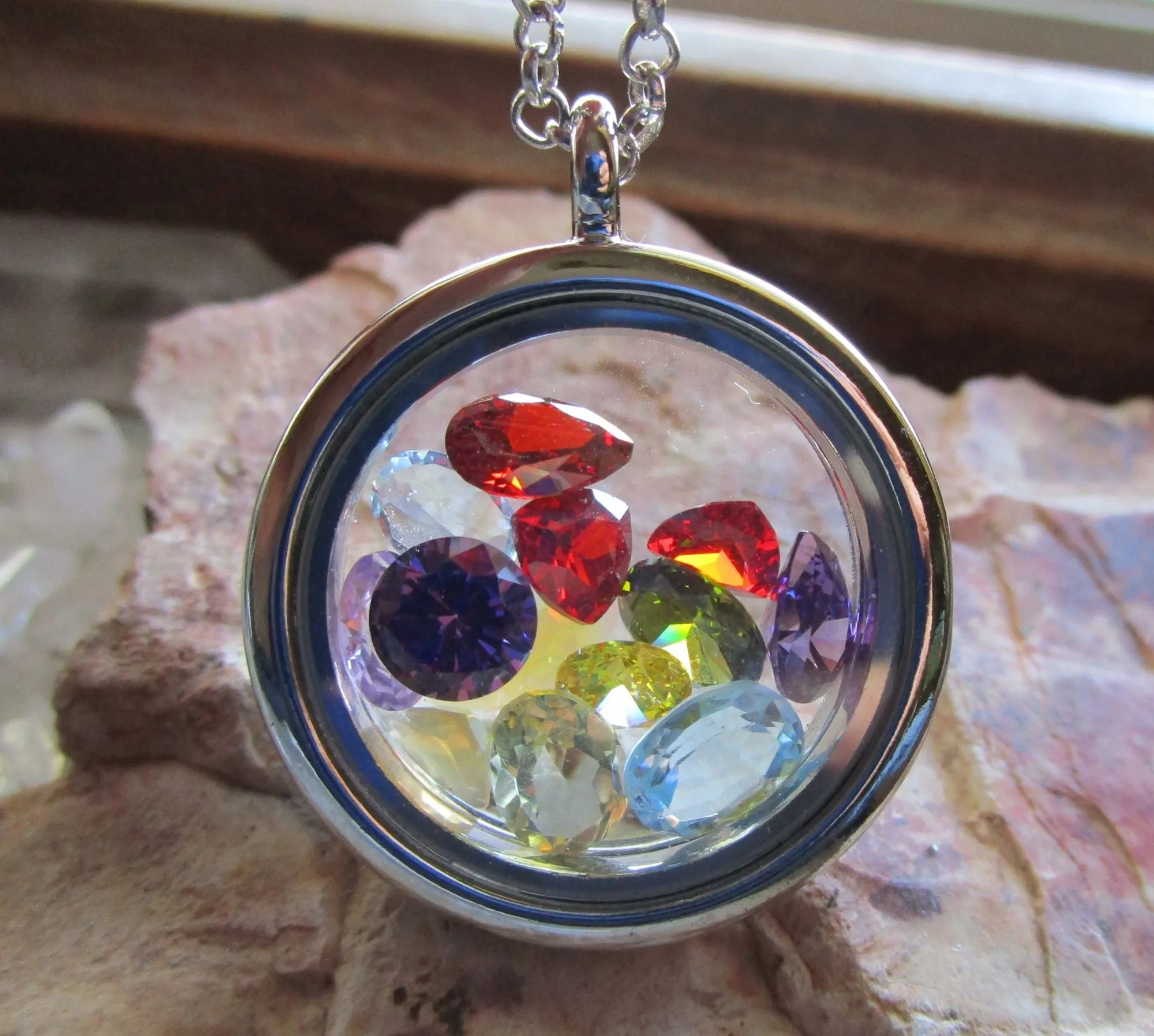 Rainbow Gemstones Double Sided Floating Locket Pendant Necklace