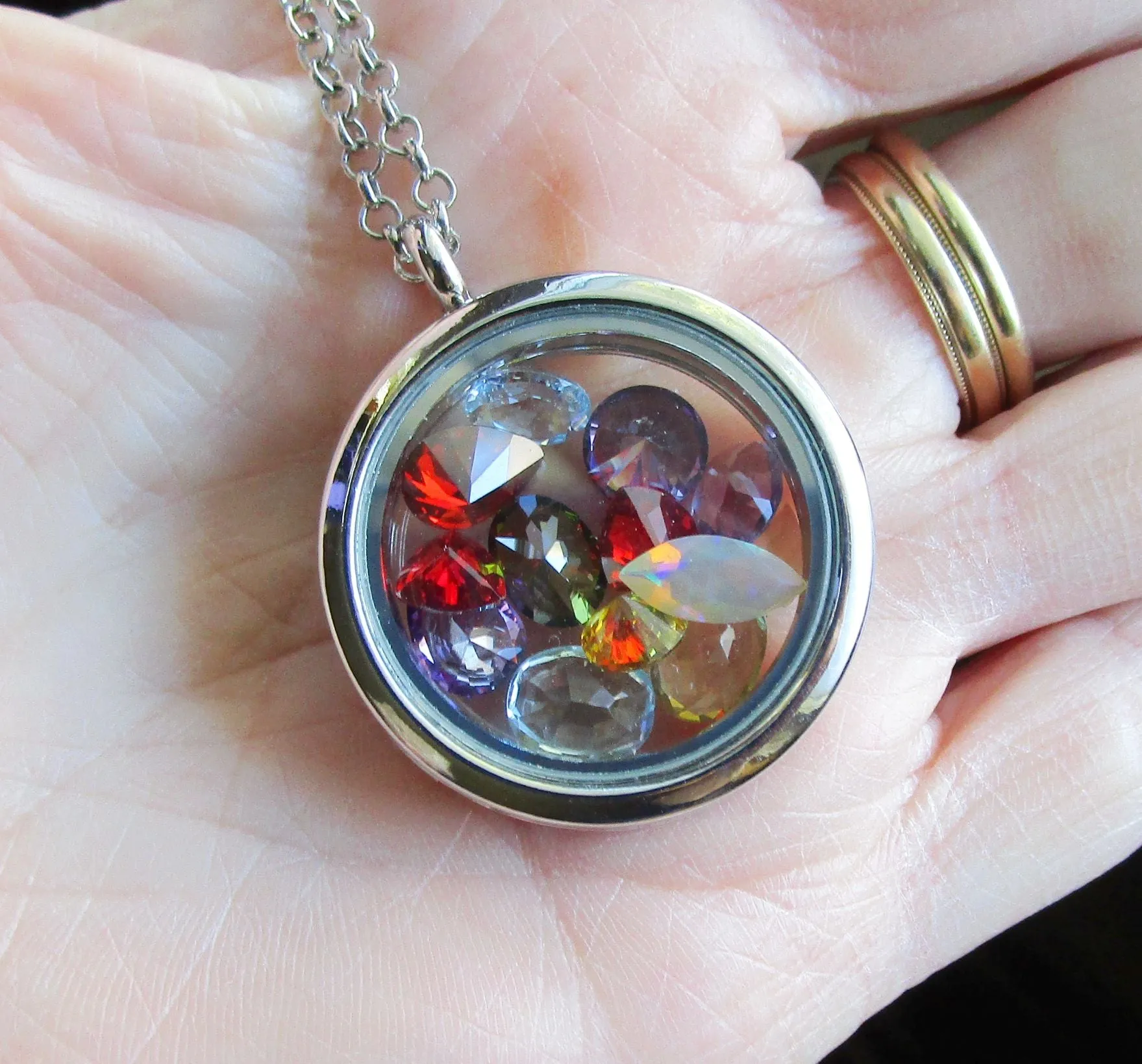 Rainbow Gemstones Double Sided Floating Locket Pendant Necklace