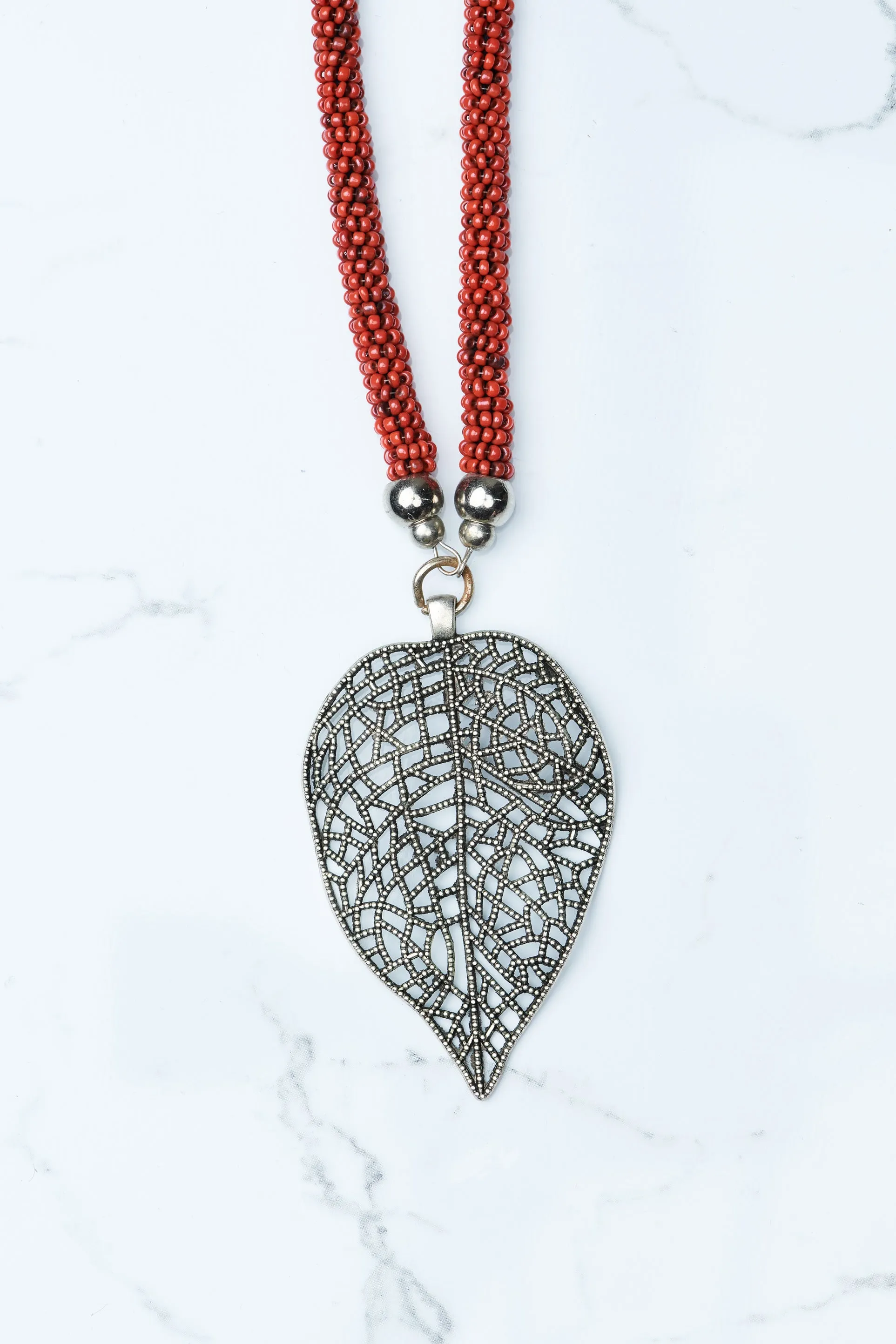 Red Beaded Leaf Pendant Necklace