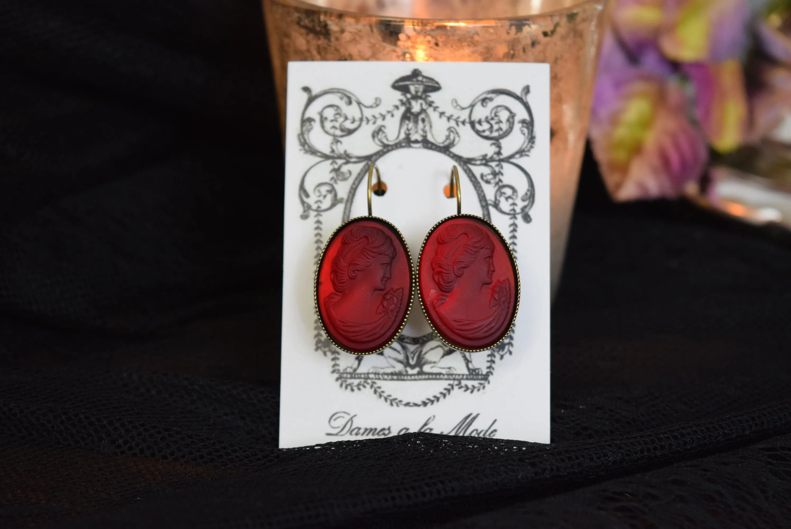 Red Glass Cameo Earrings - Extra Large