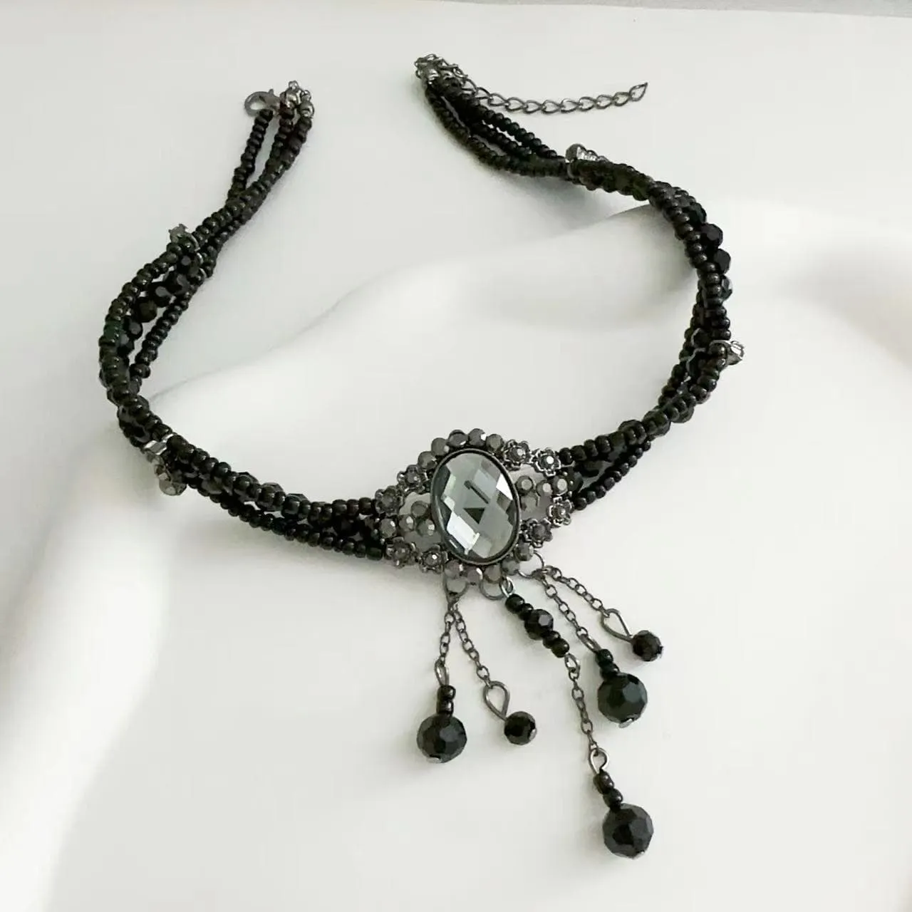 Rhinestone crystal pendant beaded layered choker necklace