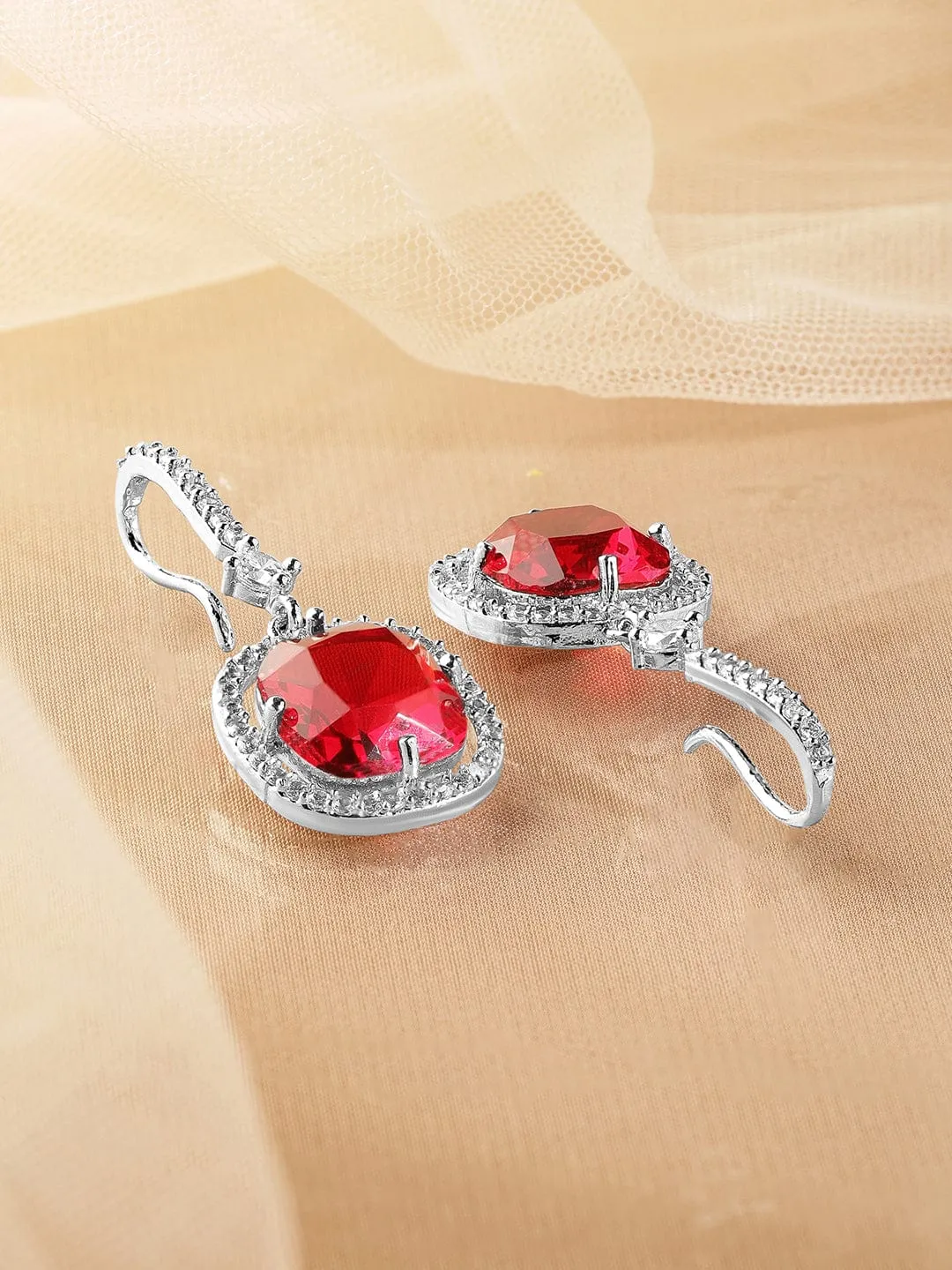 Rhodium Plated Ruby & Cubic Zirconia Studded Premium Drop Earrings