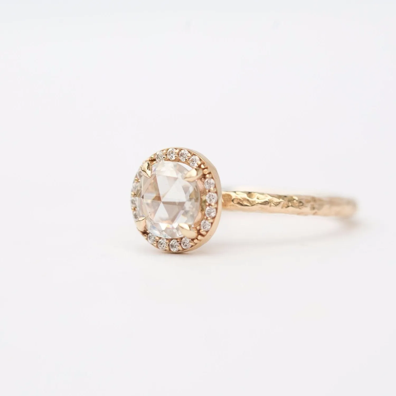 Rosecut Moissanite in Yellow Gold Diamond Halo - Hand Carved Eclectic Band and Antique-inspired setting - Rosecut Engagement Ring by Anueva Jewelry