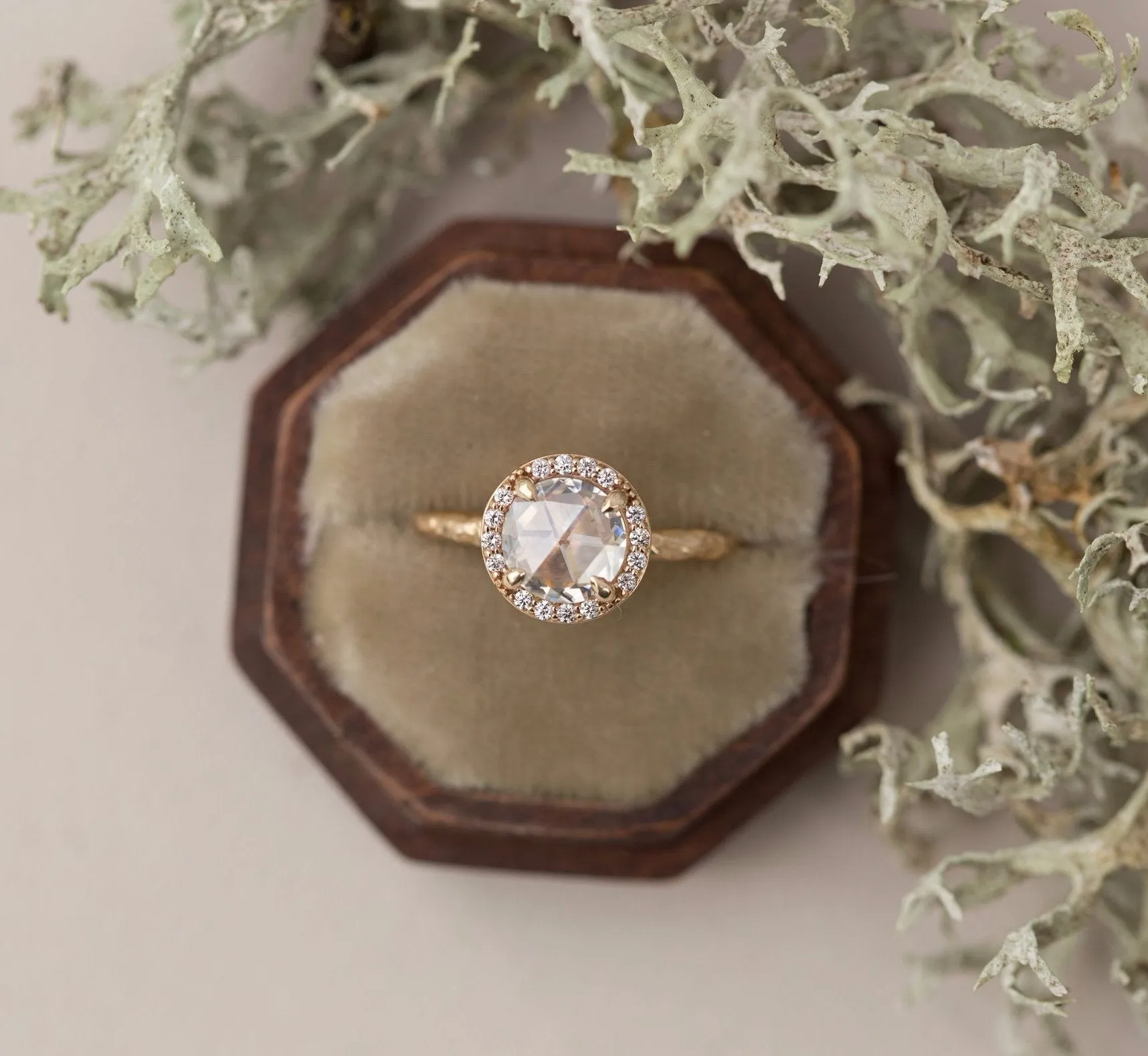 Rosecut Moissanite in Yellow Gold Diamond Halo - Hand Carved Eclectic Band and Antique-inspired setting - Rosecut Engagement Ring by Anueva Jewelry