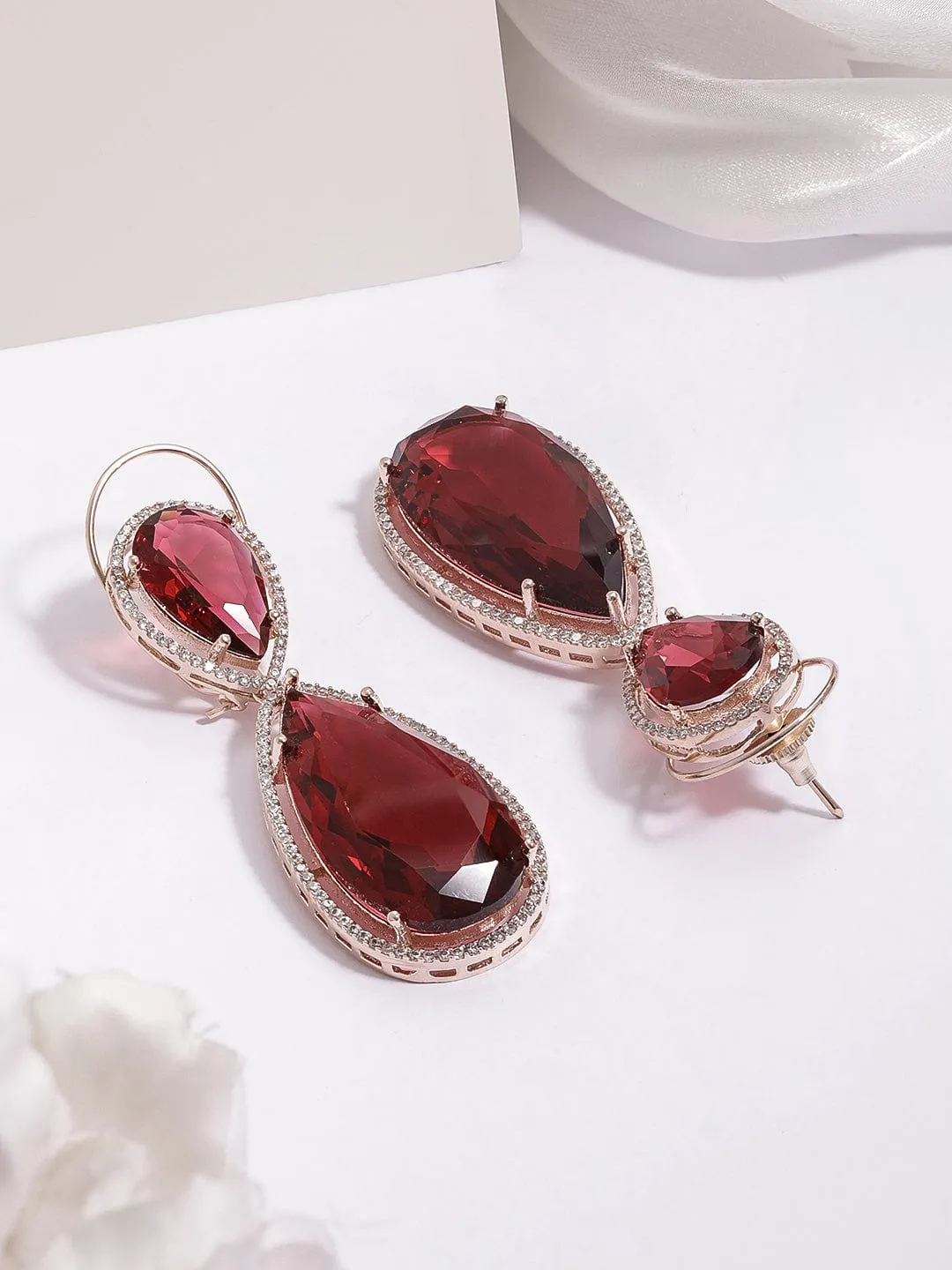 Rubans 18K Gold-Plated Ruby Red & Cubic Zirconia Studded Premium Drop Earrings