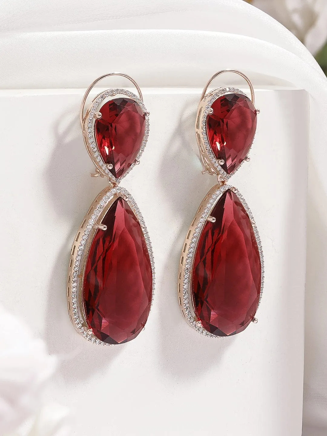 Rubans 18K Gold-Plated Ruby Red & Cubic Zirconia Studded Premium Drop Earrings