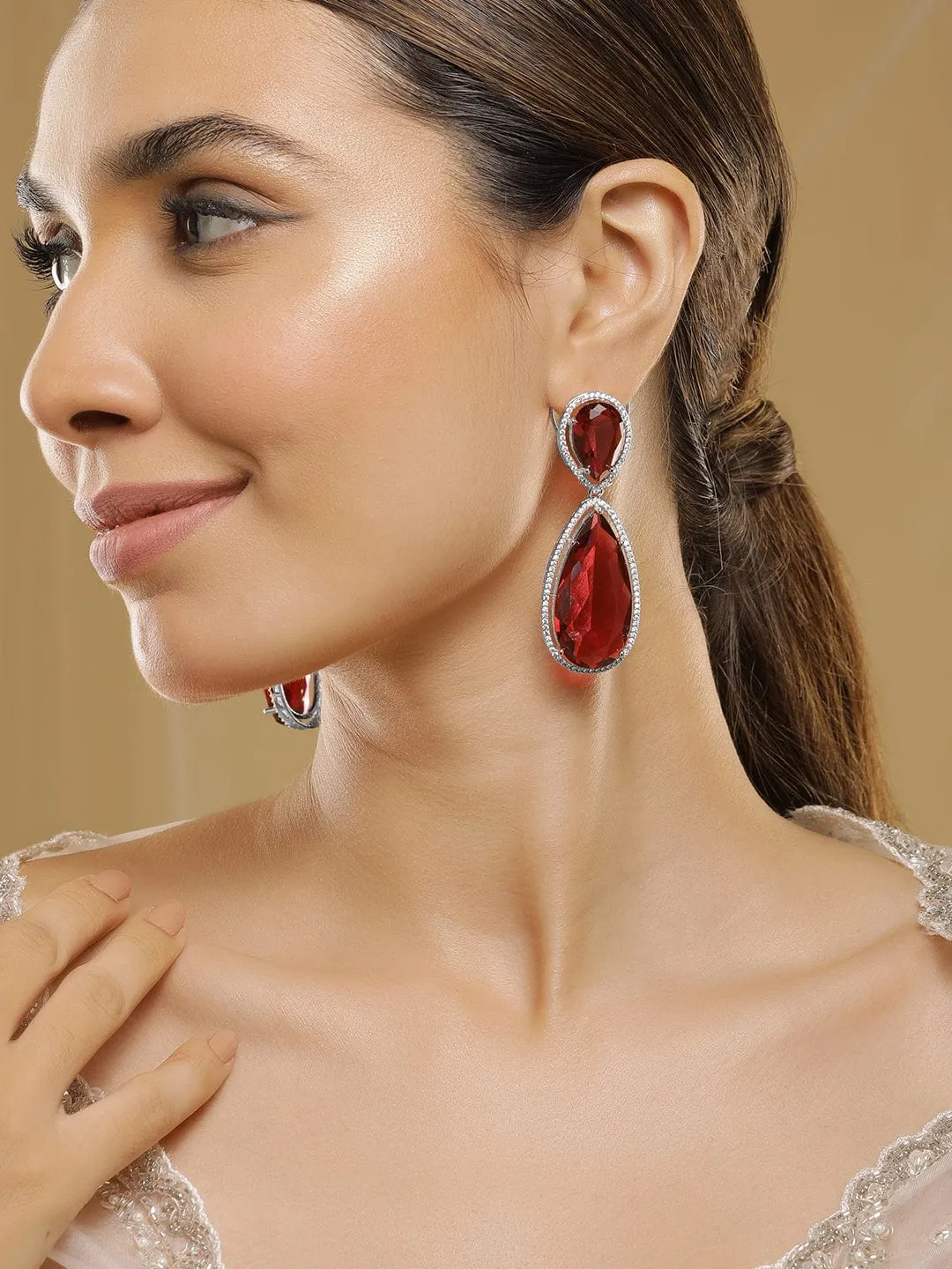 Rubans 18K Gold-Plated Ruby Red & Cubic Zirconia Studded Premium Drop Earrings