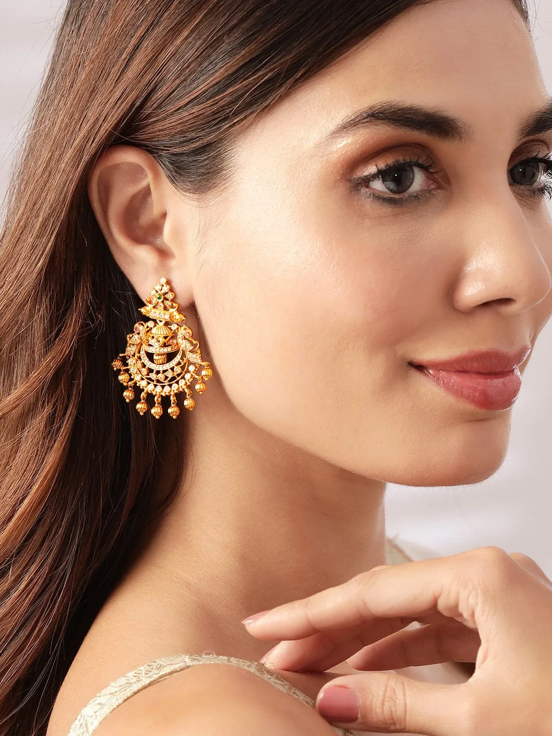 Rubans 22K Gold Plated Handcrafted CZ And Ruby Studded Chandbali Earrings