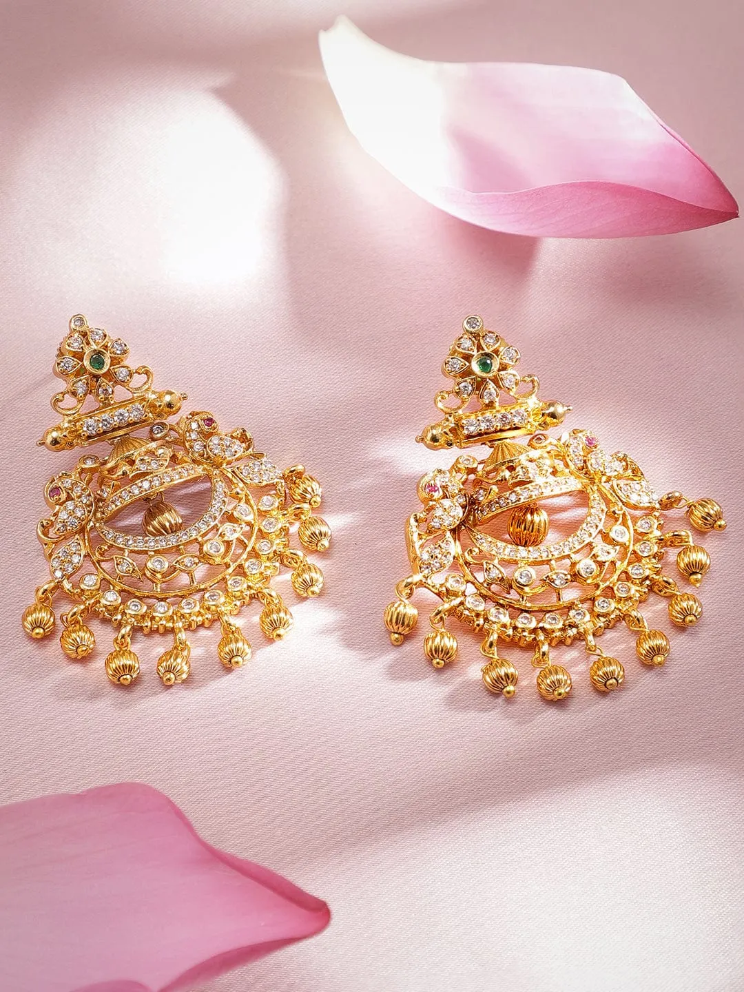 Rubans 22K Gold Plated Handcrafted CZ And Ruby Studded Chandbali Earrings