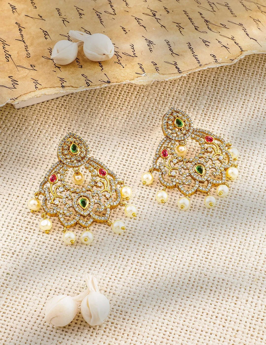 Rubans 22K Gold-Plated Ruby Pink, Emerald & Cubic Zirconia Studded Pearl Chandbali Earring