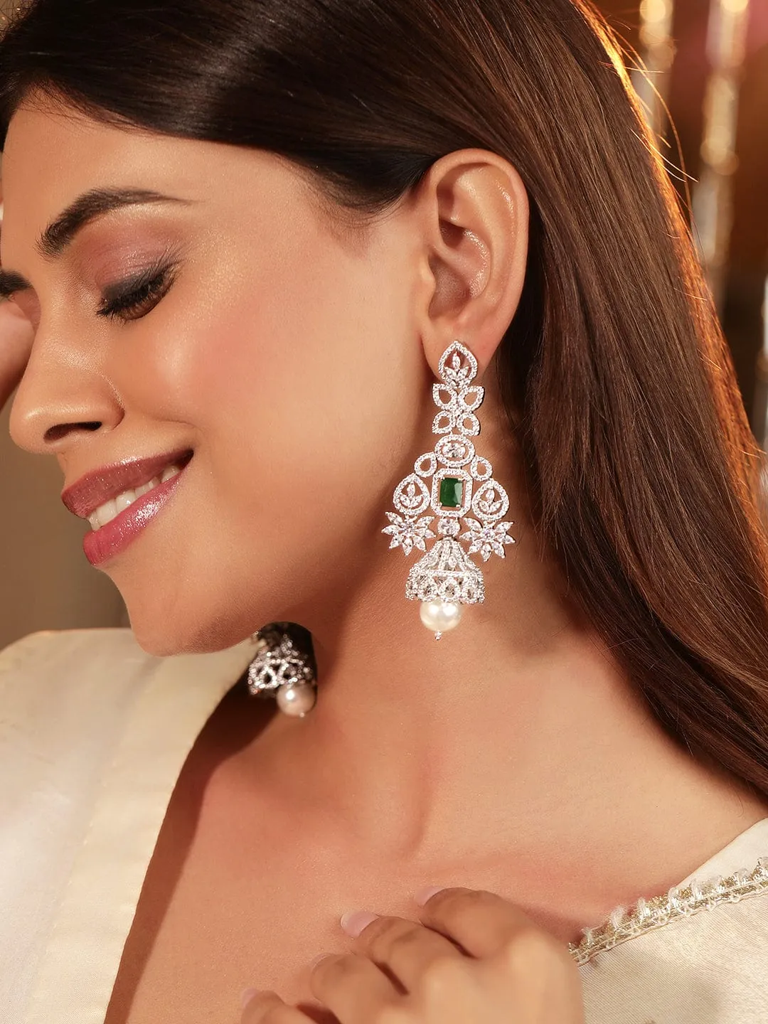 Rubans Majestic Radiance Rhodium Plated Zirconia and Emerald Chandelier Earrings