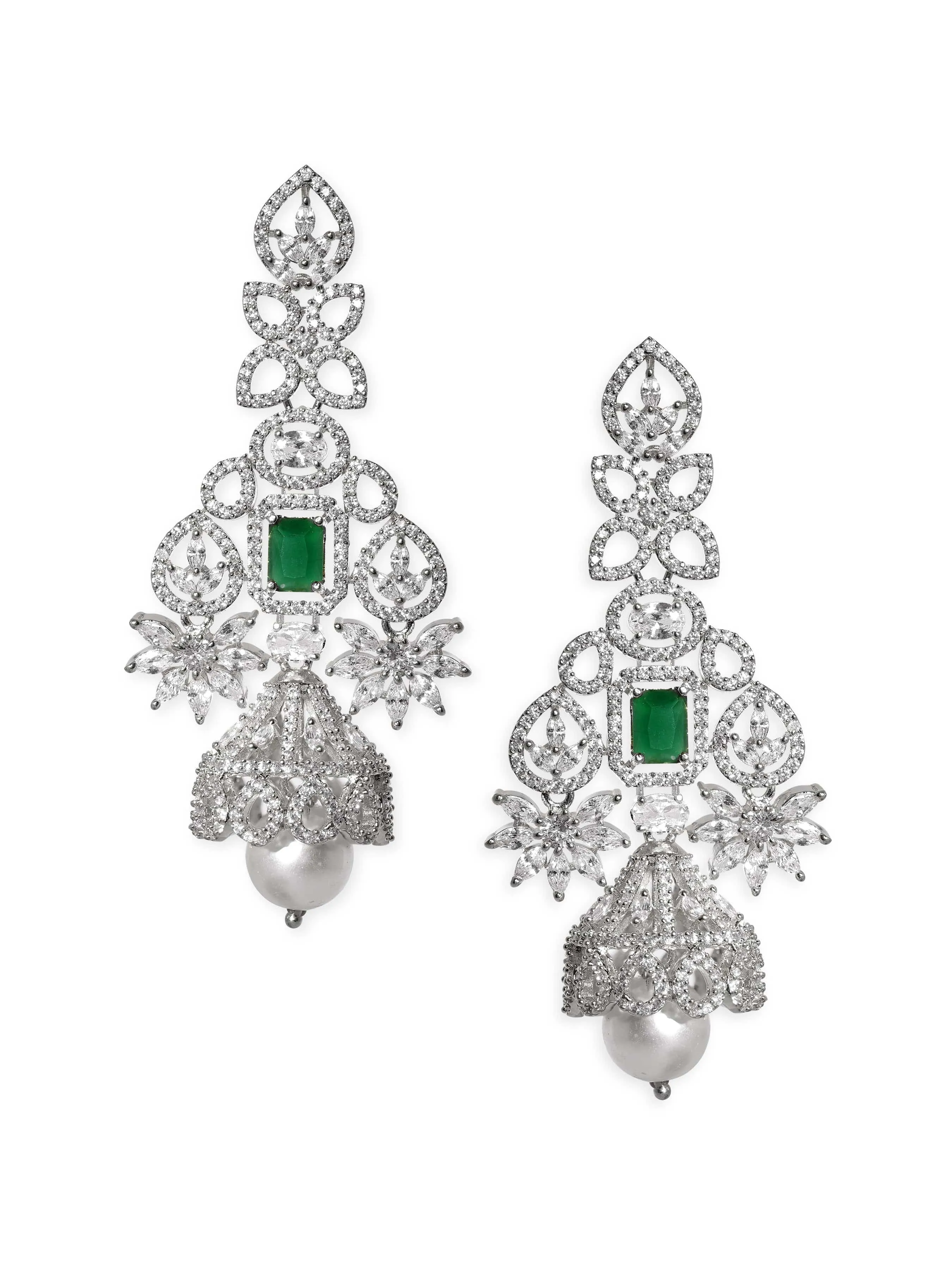 Rubans Majestic Radiance Rhodium Plated Zirconia and Emerald Chandelier Earrings