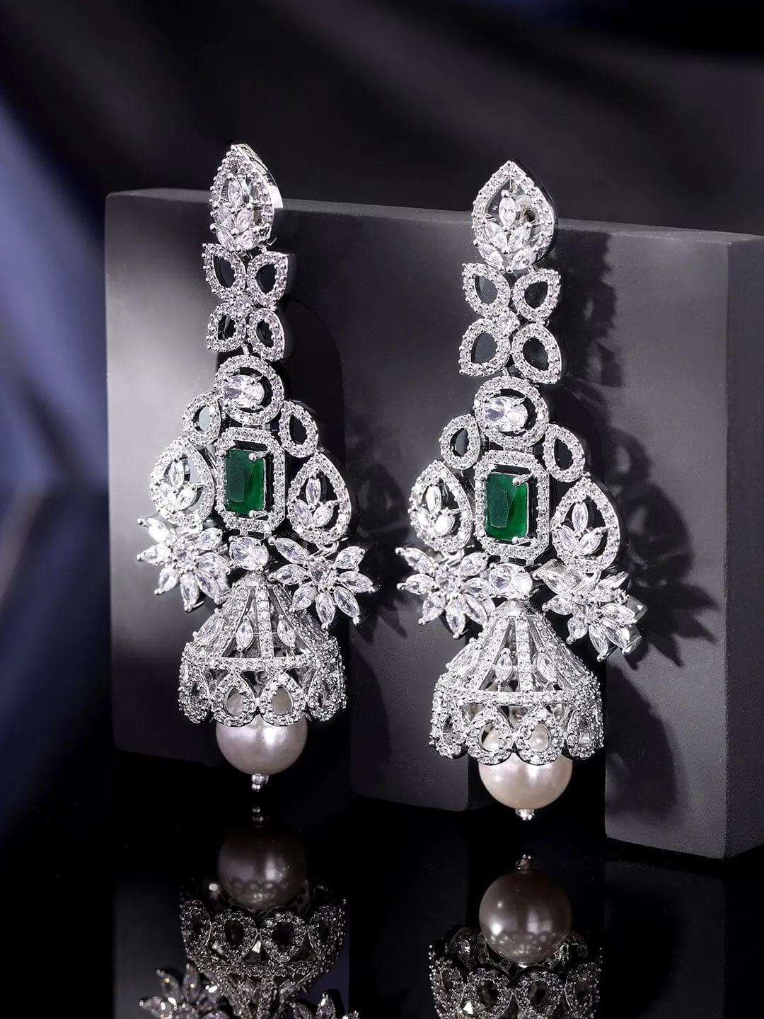 Rubans Majestic Radiance Rhodium Plated Zirconia and Emerald Chandelier Earrings