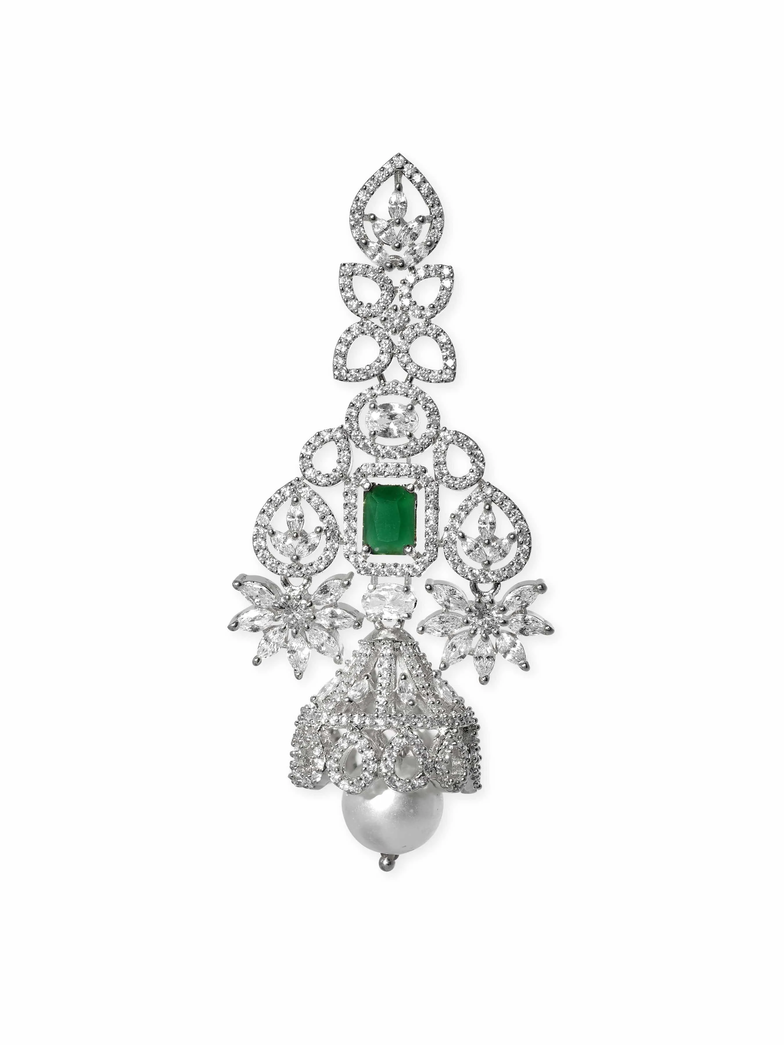 Rubans Majestic Radiance Rhodium Plated Zirconia and Emerald Chandelier Earrings