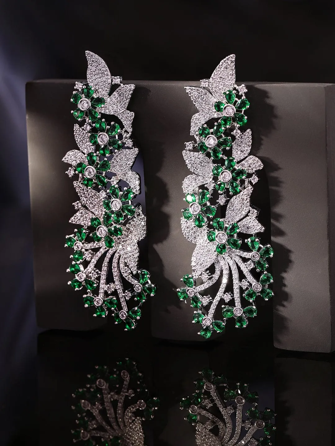 Rubans Rhodium Plated Zirconia and Emerald Studded Chandelier Earrings