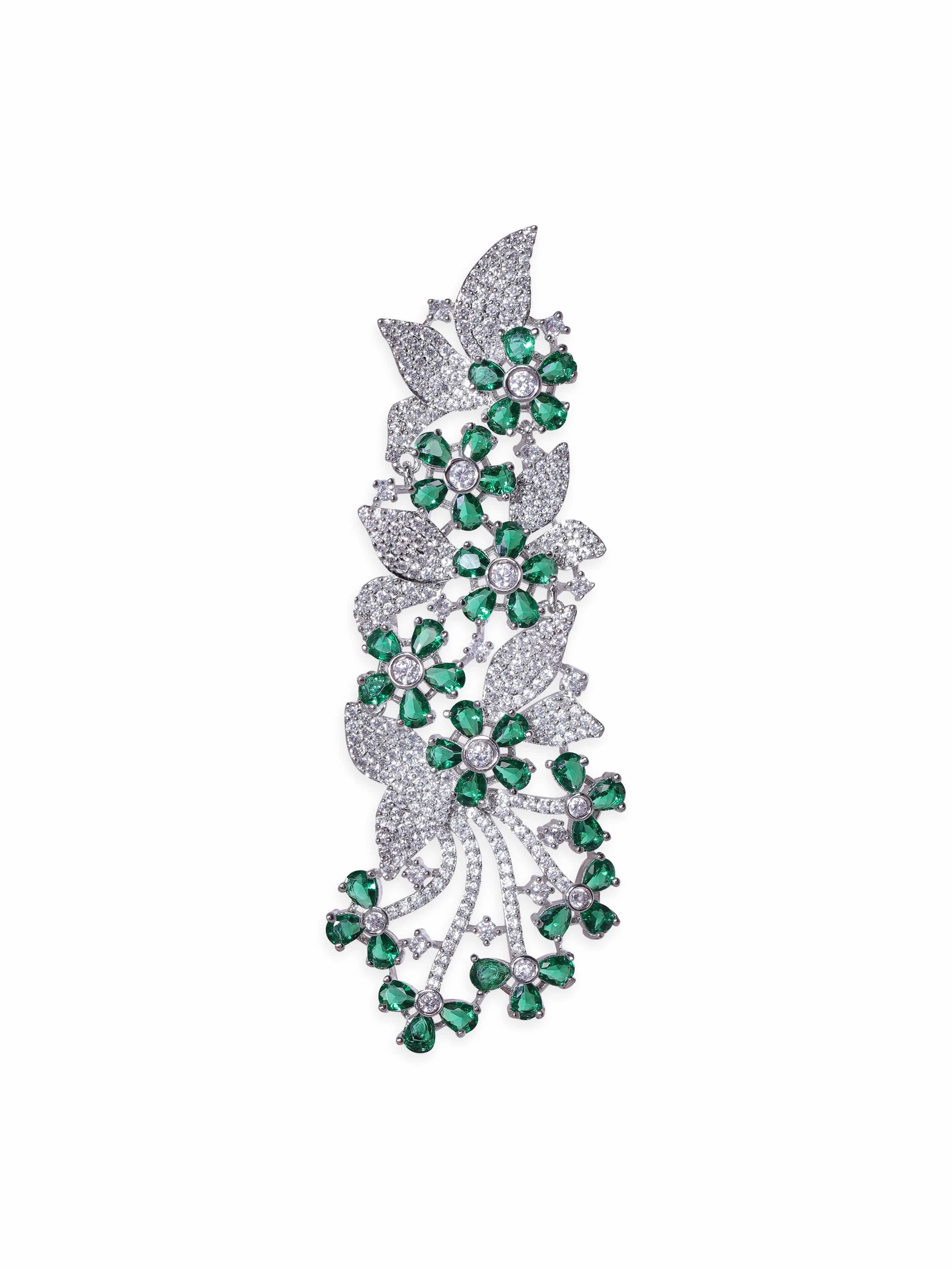 Rubans Rhodium Plated Zirconia and Emerald Studded Chandelier Earrings