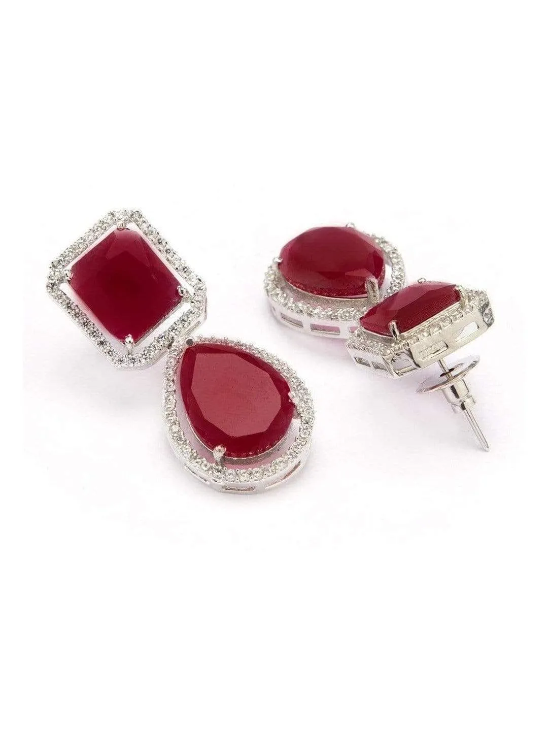 Rubans Silver Toned CZ Studded Ruby Embellished Drop Earrings