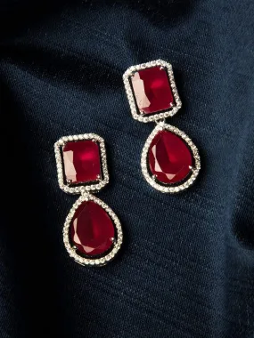 Rubans Silver Toned CZ Studded Ruby Embellished Drop Earrings