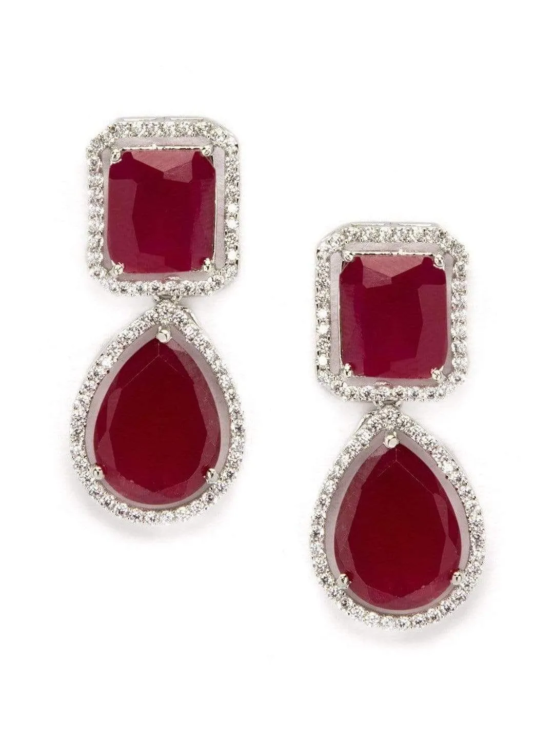 Rubans Silver Toned CZ Studded Ruby Embellished Drop Earrings