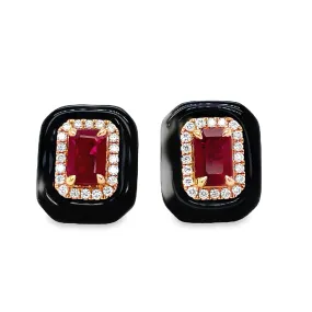 Ruby and Diamond Stud Earrings Set in Onyx