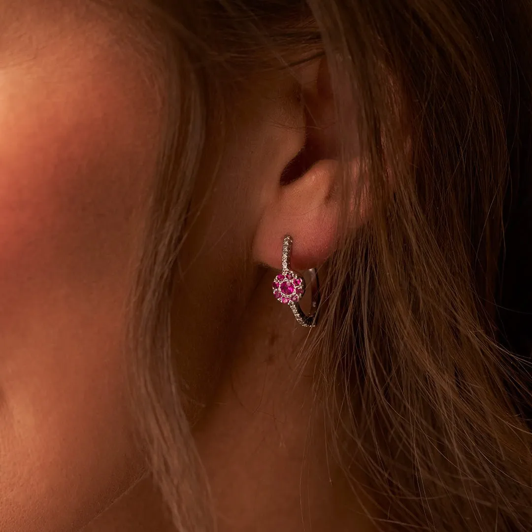 Ruby Center Cluster & Diamond Lined Hoop Earrings