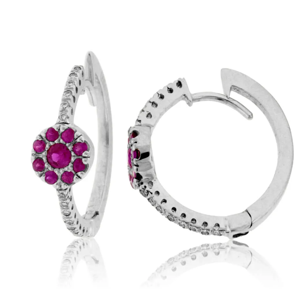 Ruby Center Cluster & Diamond Lined Hoop Earrings