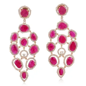 Ruby Precious Gemstone Natural Diamond Bridal Chandelier Earrings In Rose Gold For her