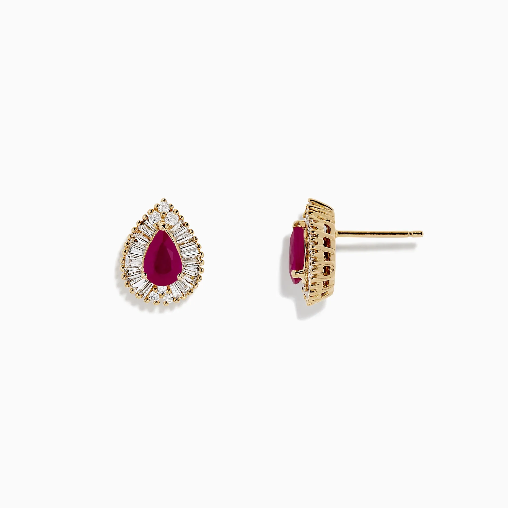 Ruby Royale 14K Yellow Gold Pear Shaped Ruby and Diamond Stud Earrings, 1.36 TCW