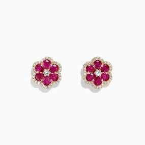 Ruby Royale 14K Yellow Gold Ruby Flower Stud Earrings, 3.18 TCW