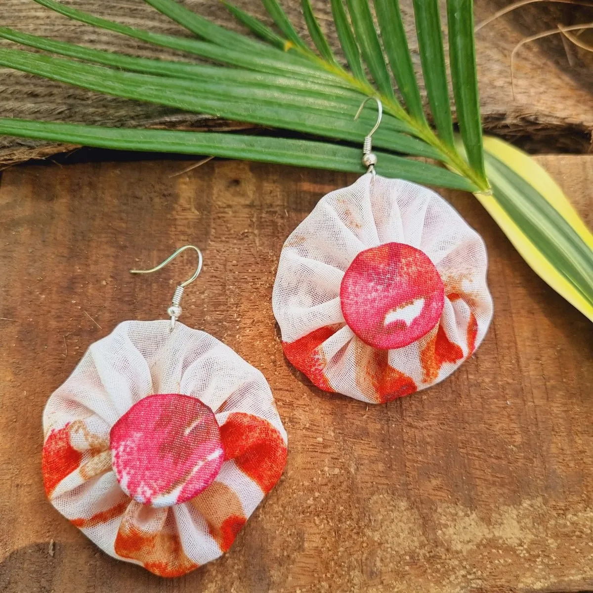 Ruby Upcycled Textile Earring- White and Red