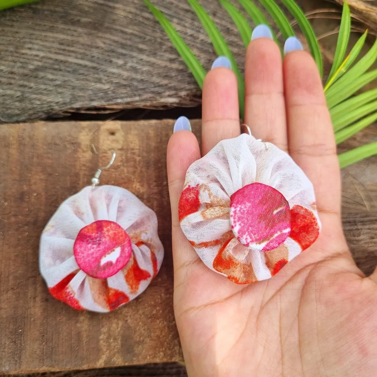 Ruby Upcycled Textile Earring- White and Red