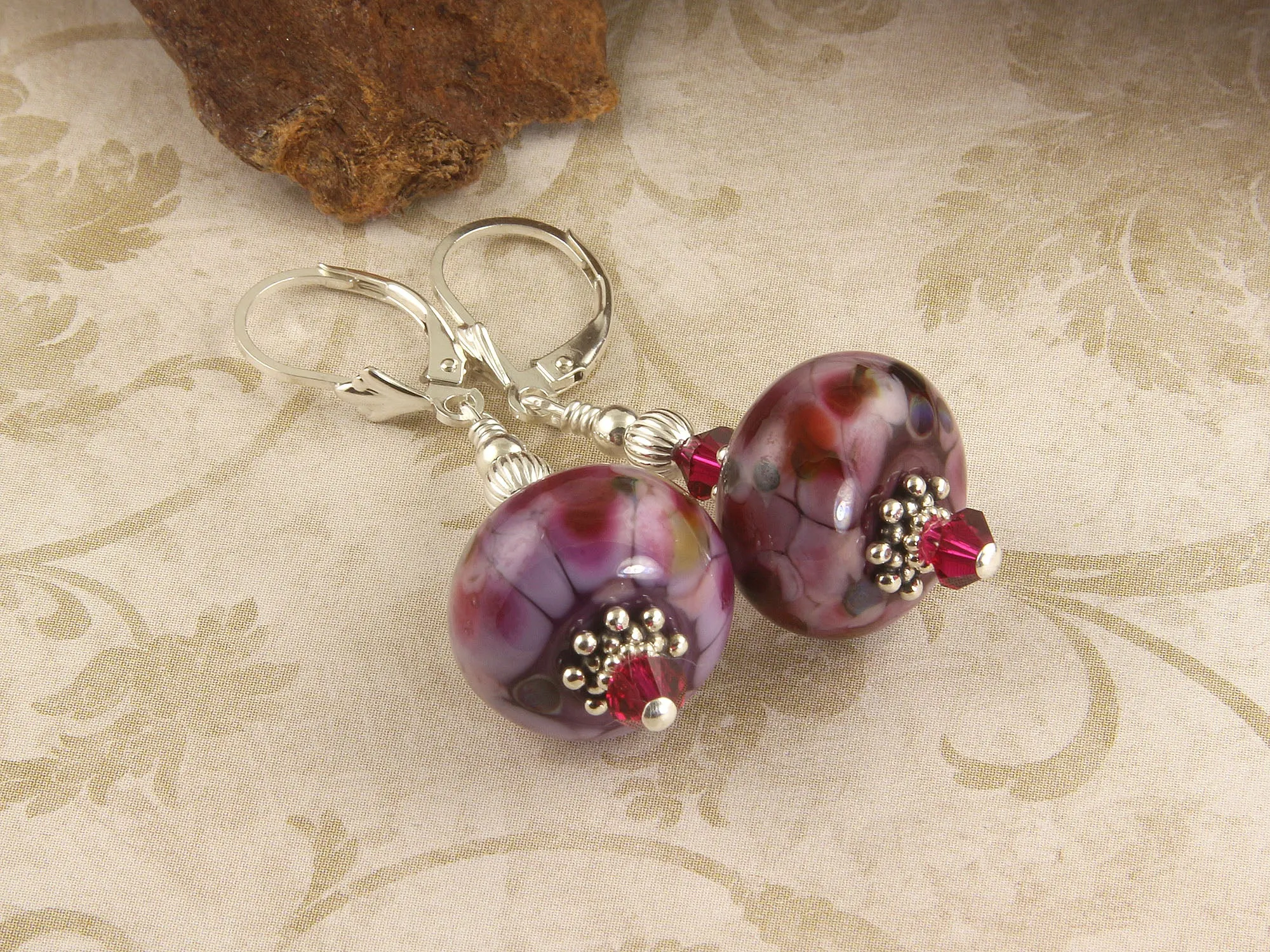 Ruby Violet Mosaic Lampwork Earrings