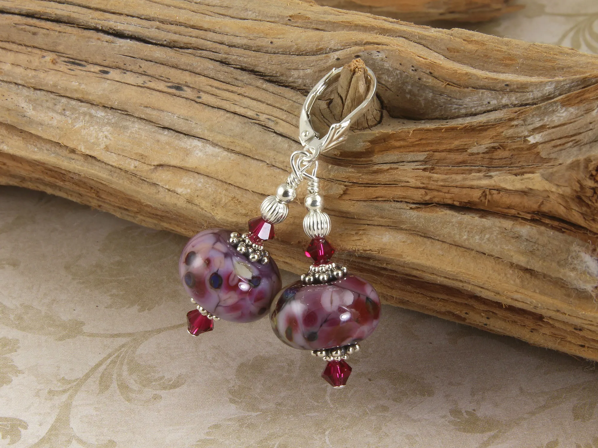 Ruby Violet Mosaic Lampwork Earrings