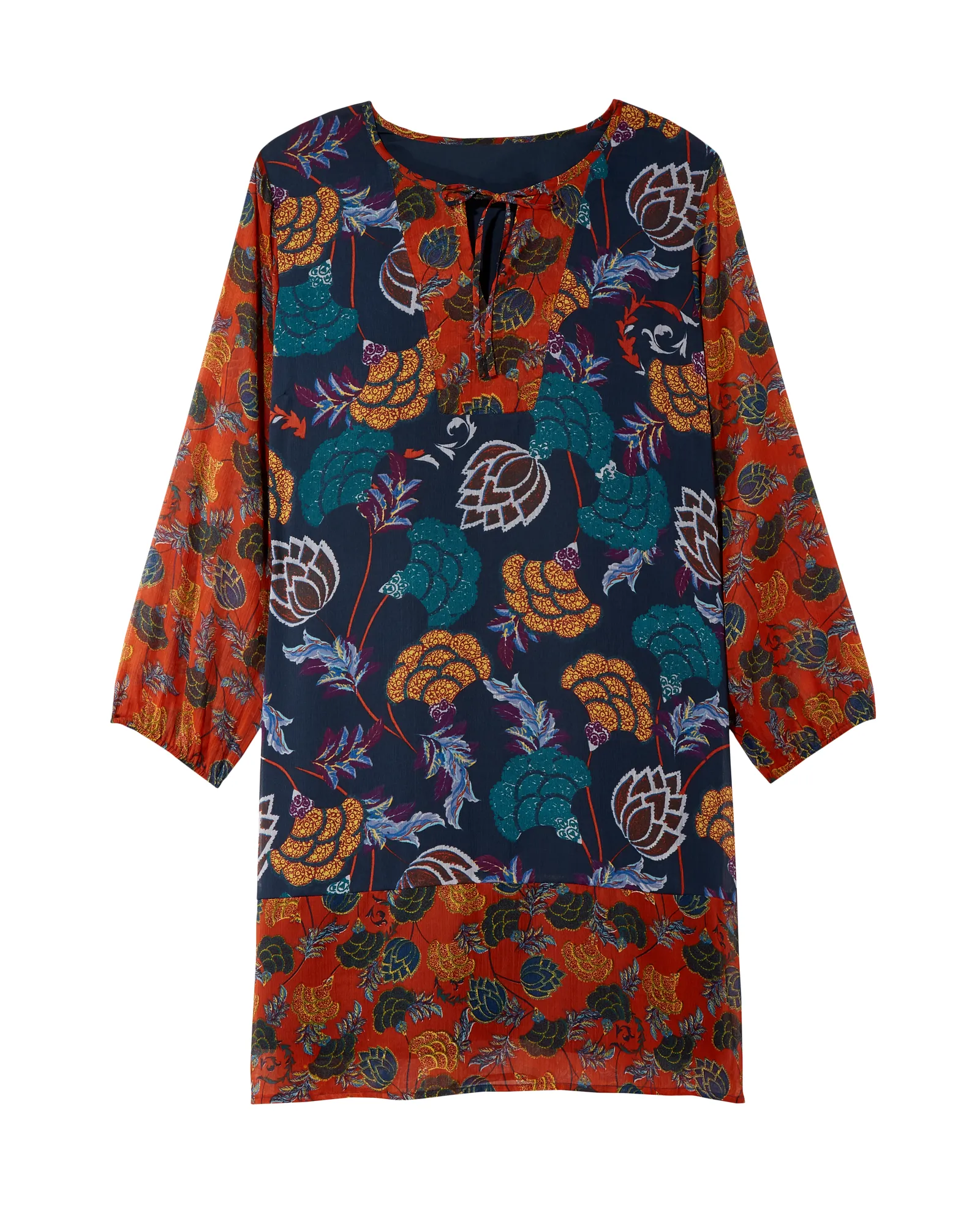 Santa Clarita 3/4 Sleeve Print Mixed Split Neck Dress | Navy / Orange