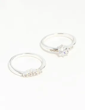 Silver Plated Round Cubic Zirconia Ring Set