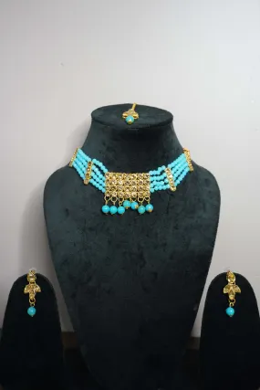 Sky Blue Colour Kundan Necklace with Earring & Maang Tikka