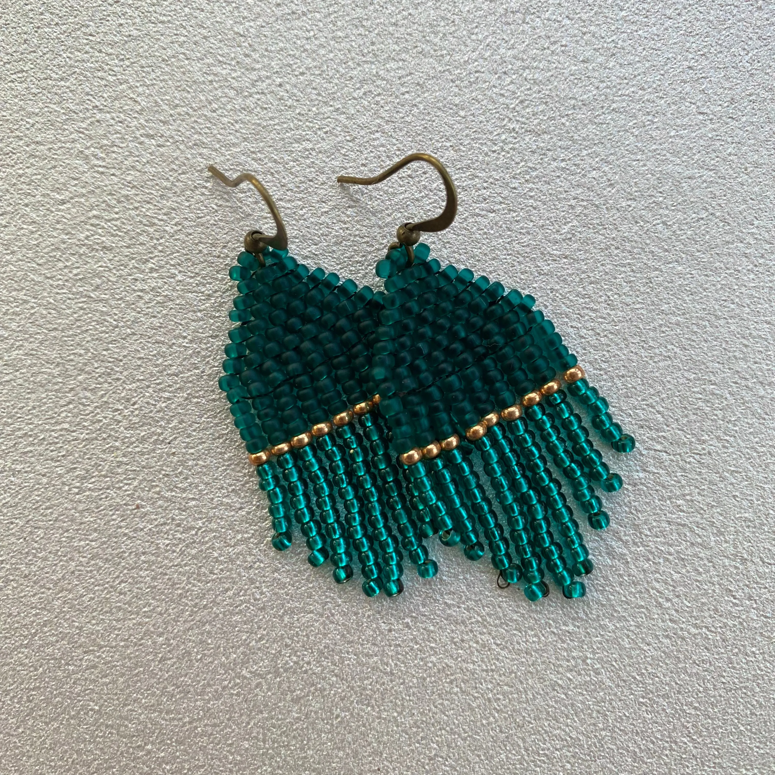 Small Fringe Emerald Seed Bead Earrings, Gold Green Chandelier Earrings, Small Dangle Statement Earrings, Cute Dainty Aesthetic Earring Boho