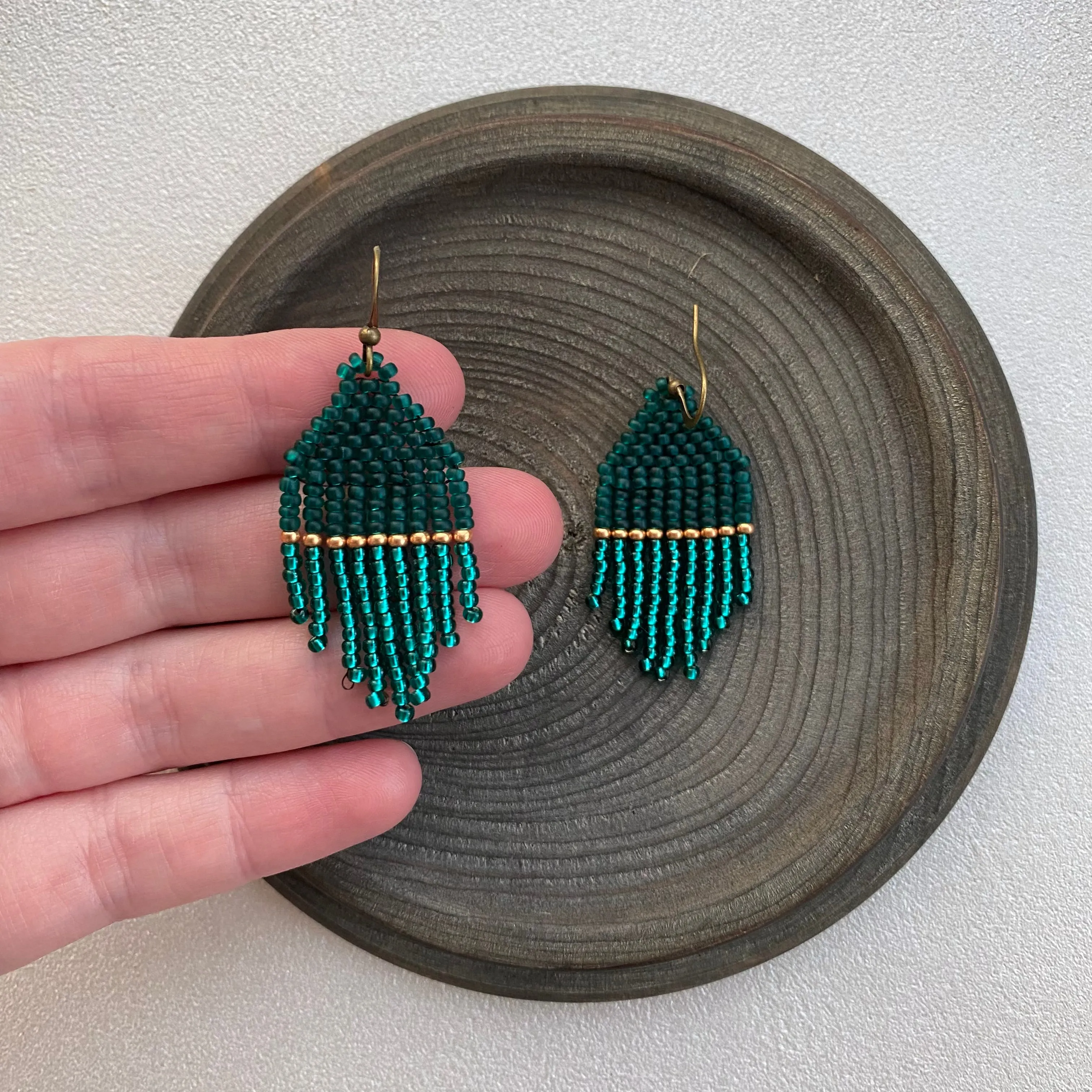 Small Fringe Emerald Seed Bead Earrings, Gold Green Chandelier Earrings, Small Dangle Statement Earrings, Cute Dainty Aesthetic Earring Boho