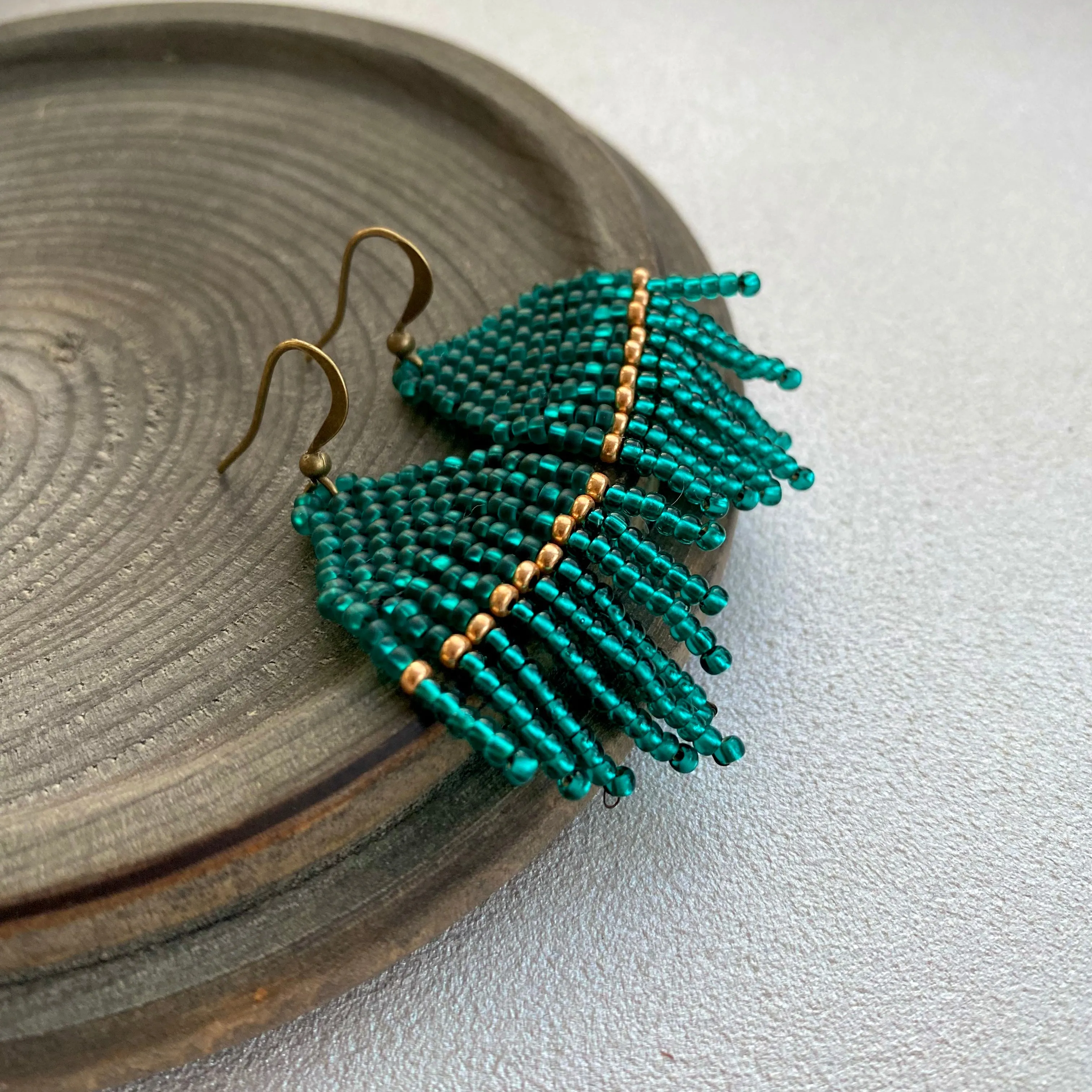 Small Fringe Emerald Seed Bead Earrings, Gold Green Chandelier Earrings, Small Dangle Statement Earrings, Cute Dainty Aesthetic Earring Boho