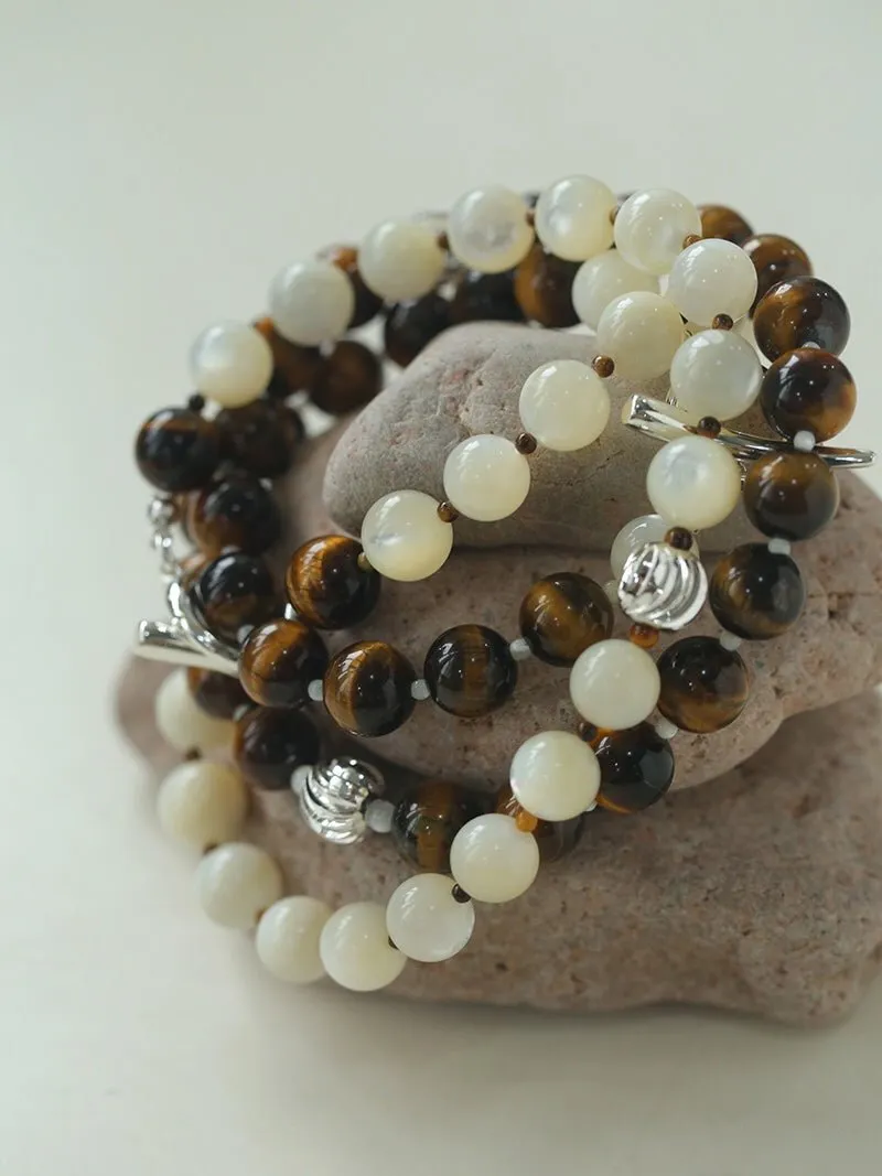 Smooth Tiger's Eye and Silver Shell Beaded OT Necklace