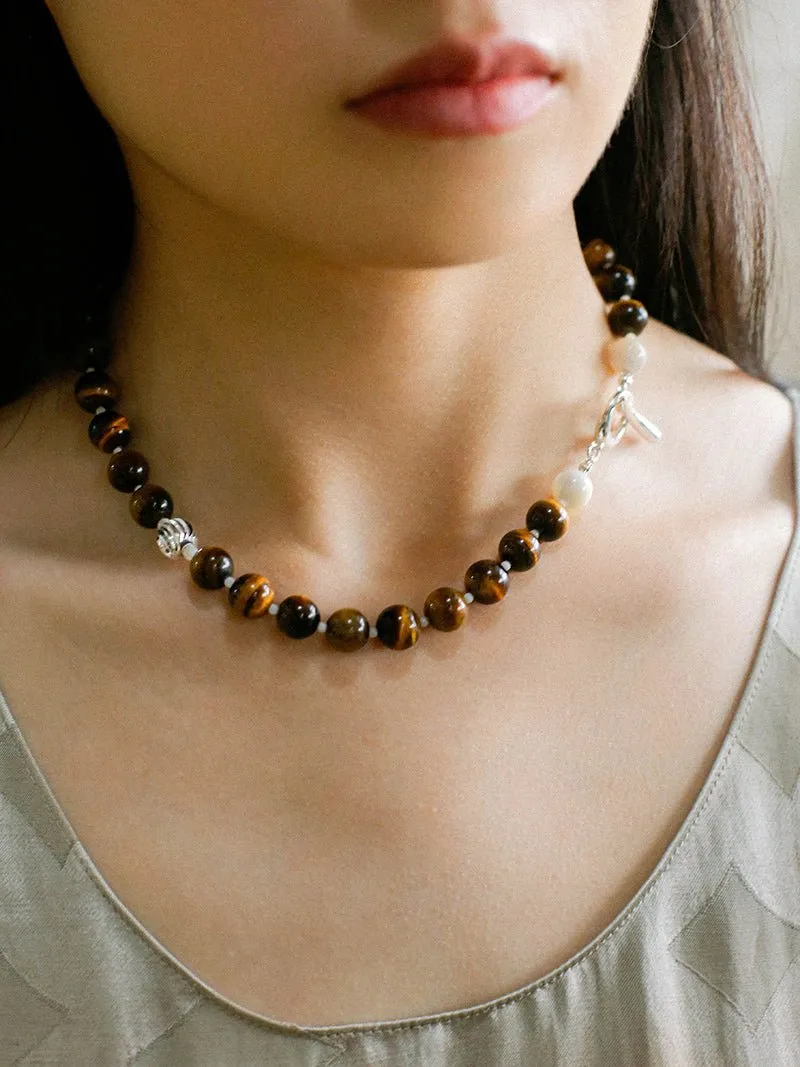 Smooth Tiger's Eye and Silver Shell Beaded OT Necklace