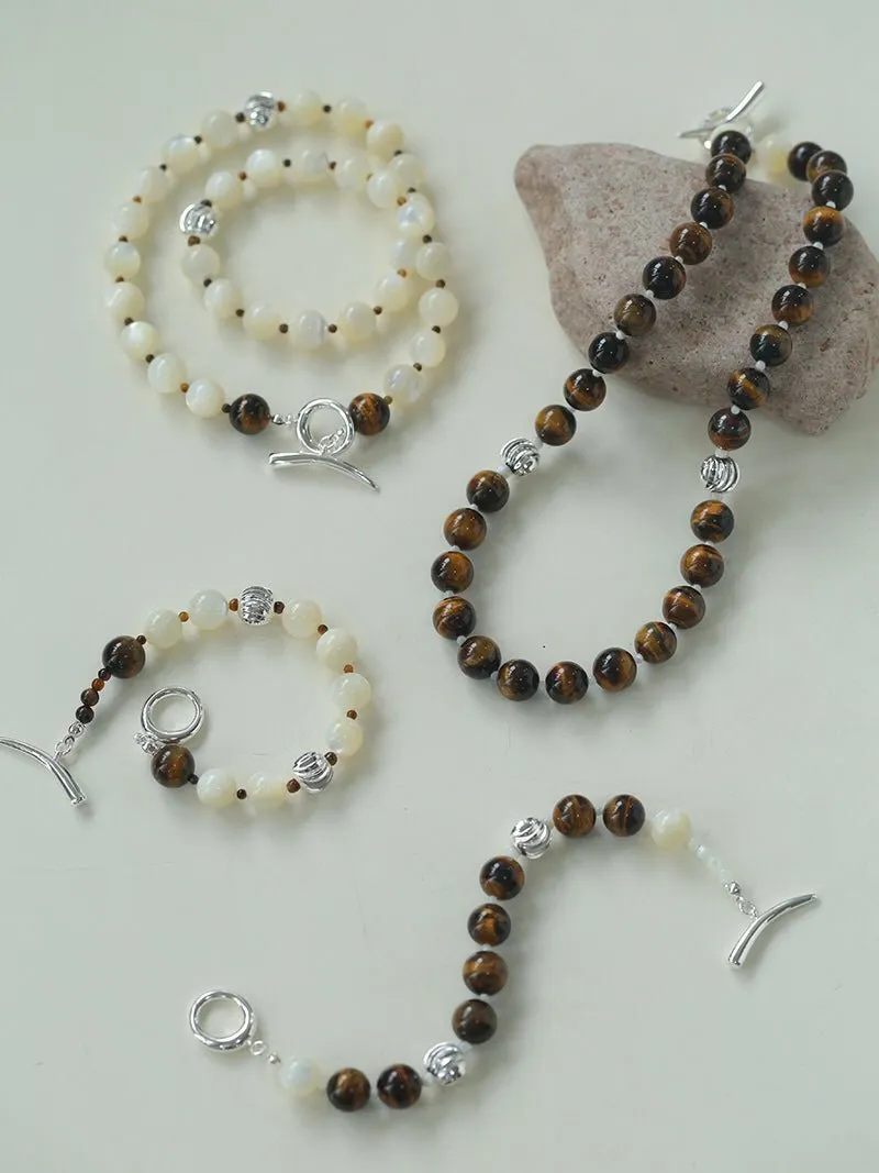 Smooth Tiger's Eye and Silver Shell Beaded OT Necklace