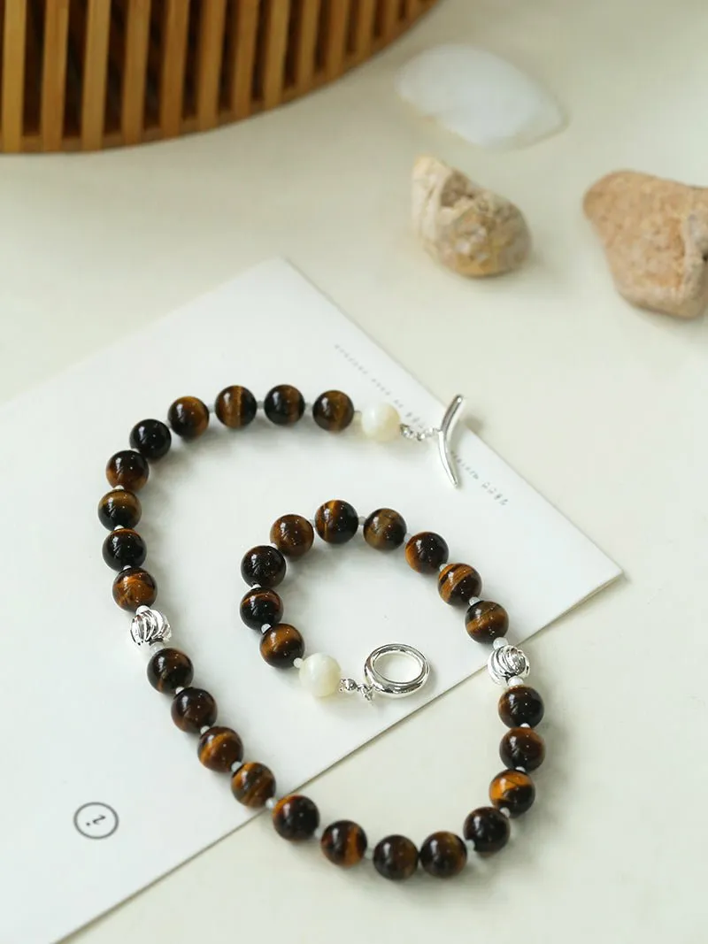 Smooth Tiger's Eye and Silver Shell Beaded OT Necklace